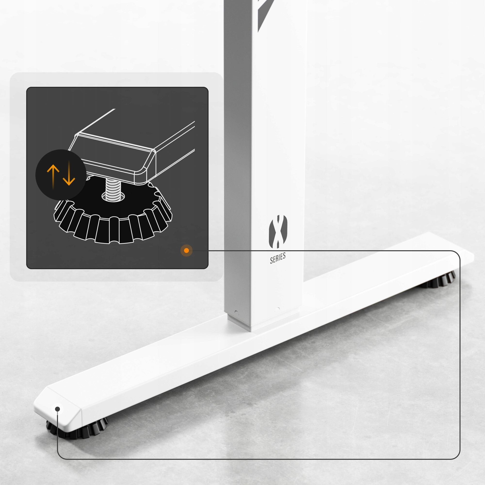 Biała, regulowana noga biurka ze szczegółowym schematem. Schemat pokazuje strzałki góra/dół i mechanizm zębaty do regulacji.