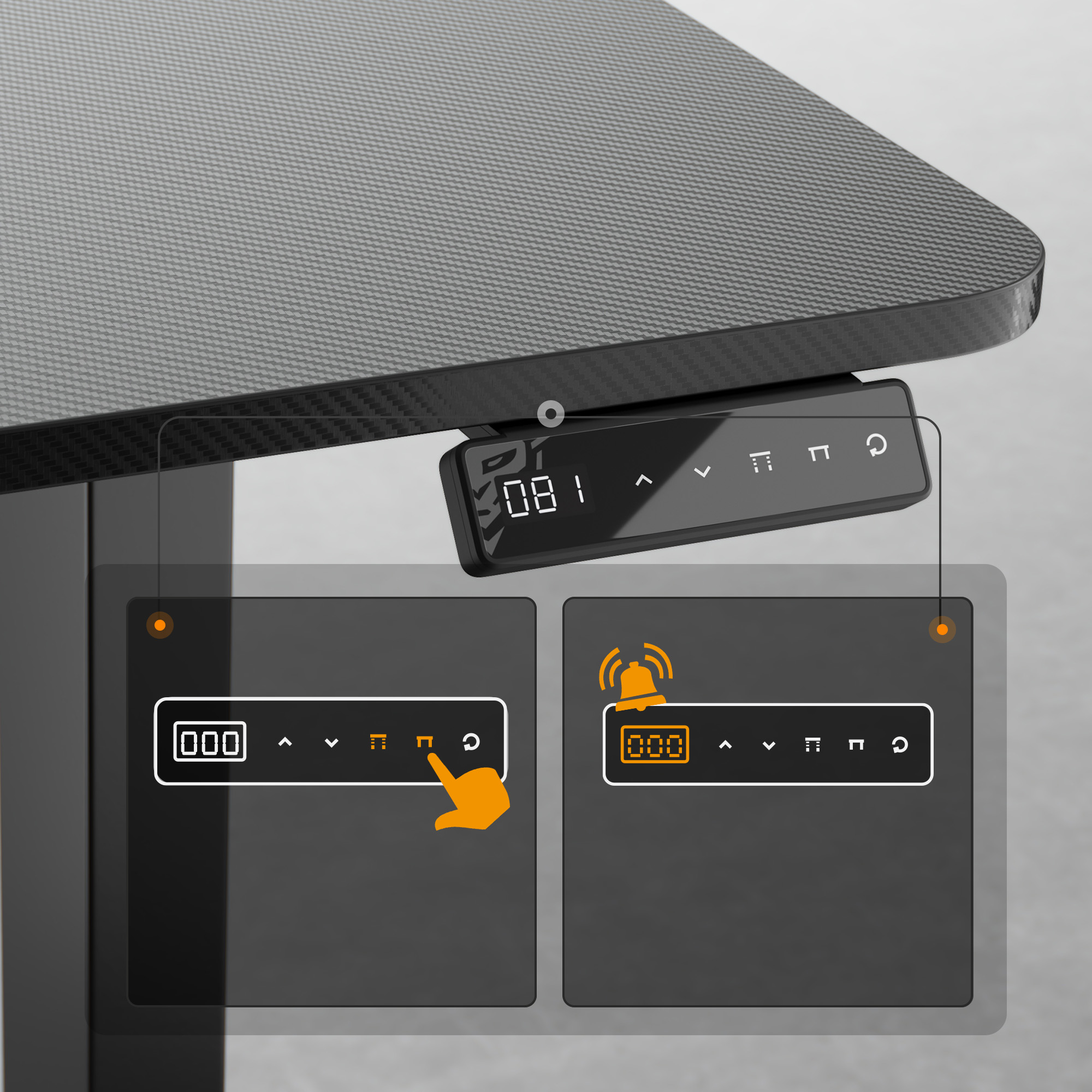 Panel sterowania biurkiem z cyfrowym wyświetlaczem pokazującym '081'. Dwa mniejsze panele pokazują ustawienia, jeden z ikoną dzwonka.