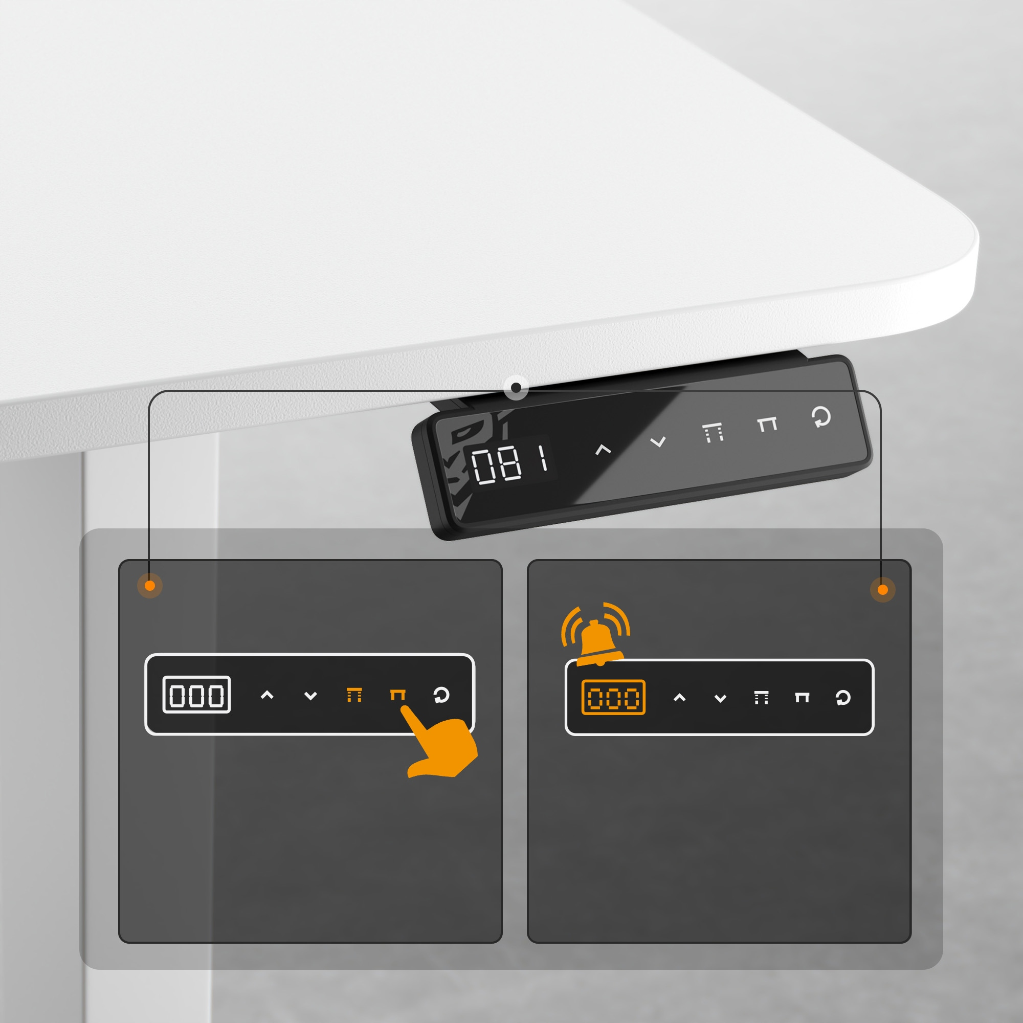 Panel sterowania biurkiem z wyświetlaczem. Ręka wskazuje przycisk 'pamięć'. Ikona dzwonka jest podświetlona.