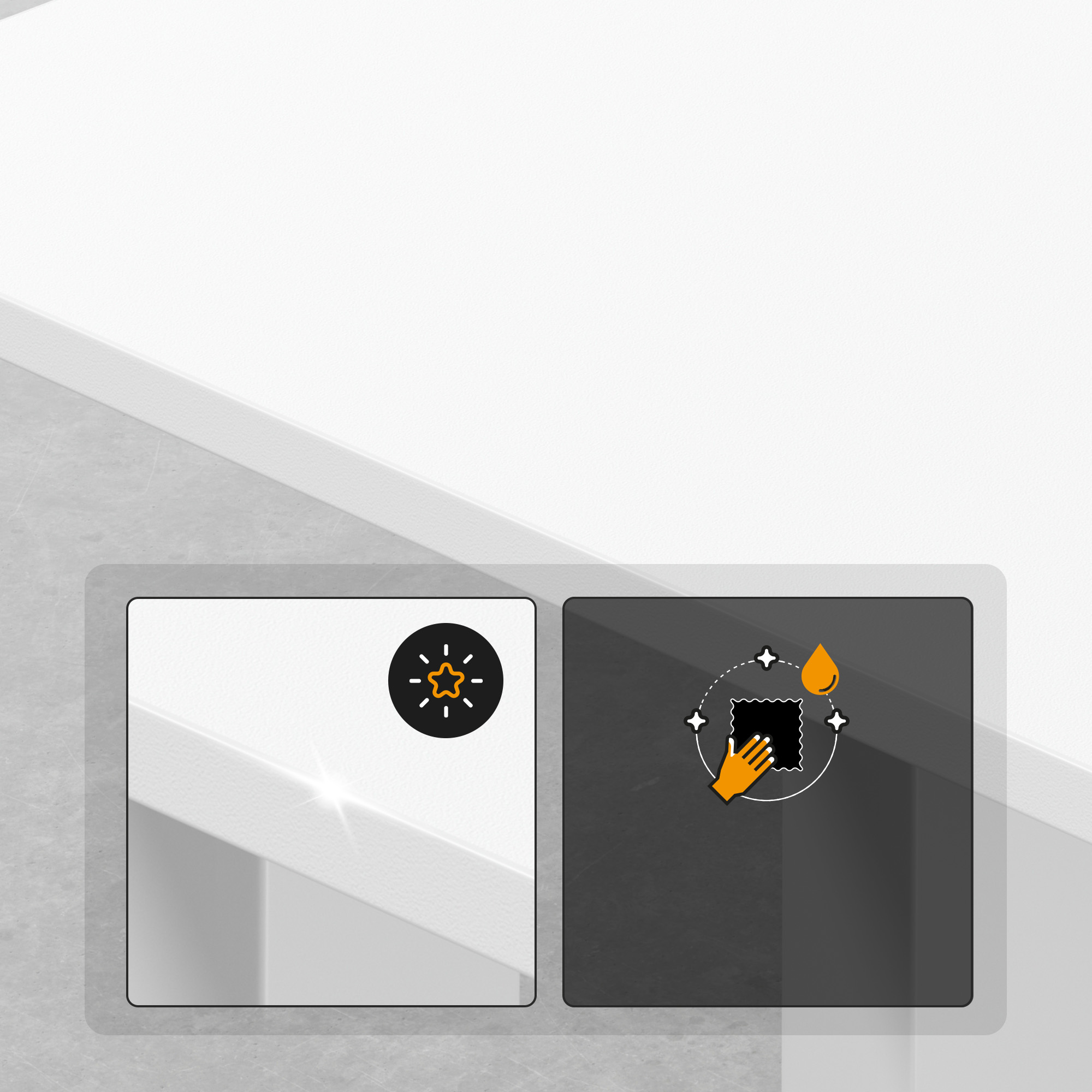 Dwie ikony na szarym tle. Jedna przedstawia gwiazdę, druga dłoń czyszczącą powierzchnię.