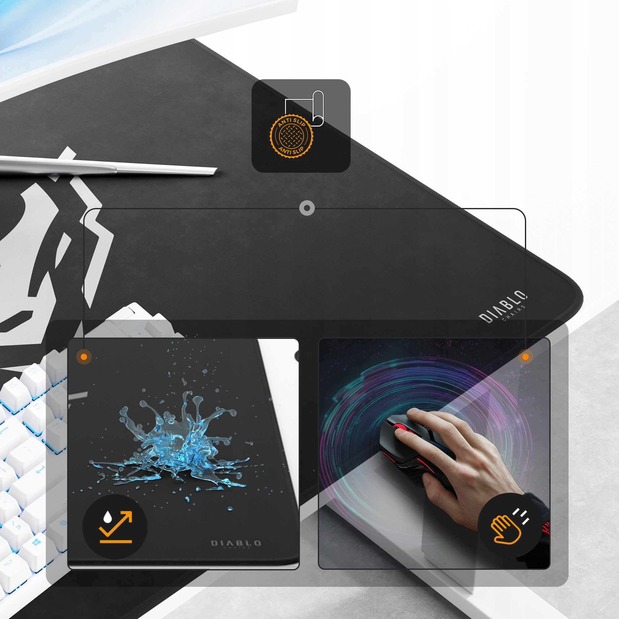 Czarna podkładka pod mysz Diablo z klawiaturą, rozbryzgiem wody i dłonią używającą myszy. Widoczna jest również ikona antypoślizgowa.