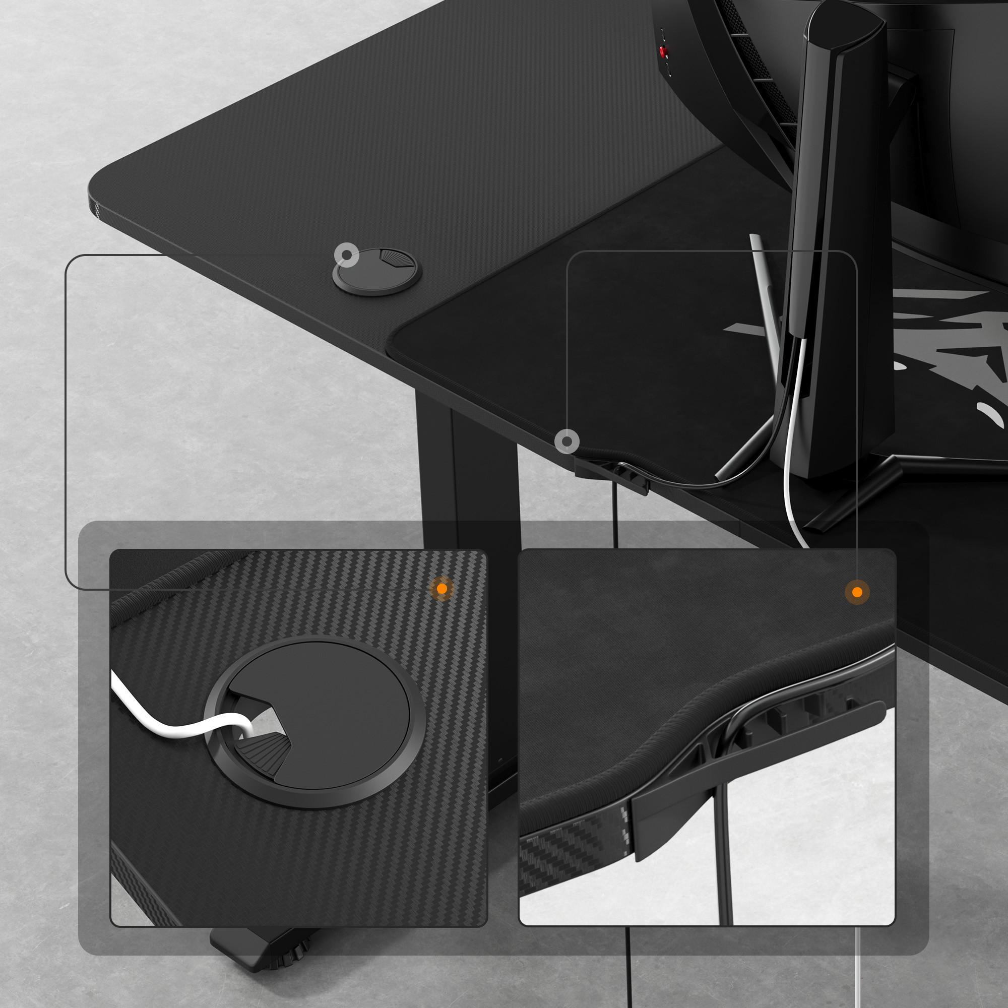 Czarny stół z wzorem włókna węglowego. Zawiera funkcje zarządzania kablami i podstawkę pod monitor. Szara podłoga w tle.