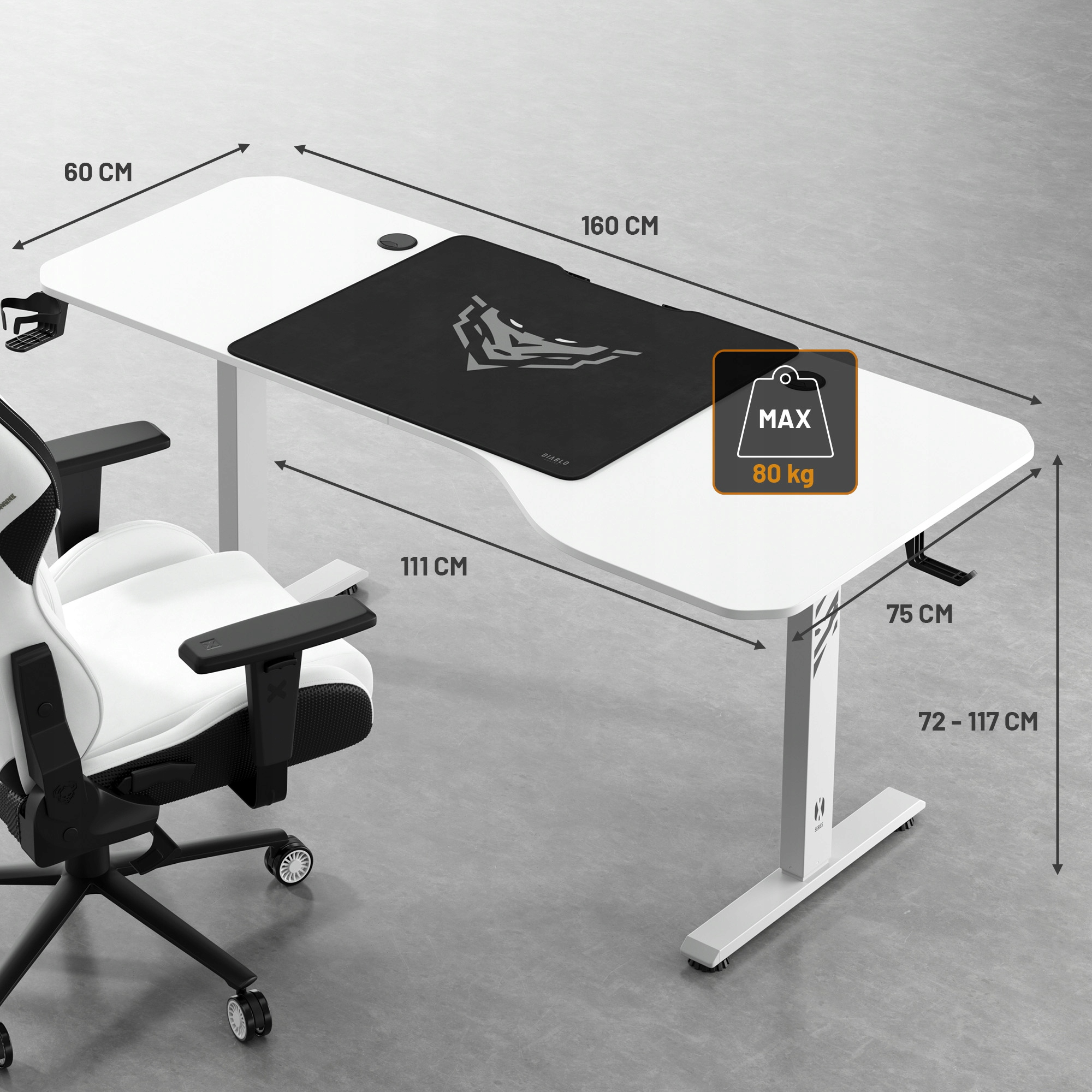 Białe biurko gamingowe z wymiarami, czarna podkładka pod mysz, białe krzesło gamingowe i maksymalna waga 80 kg.