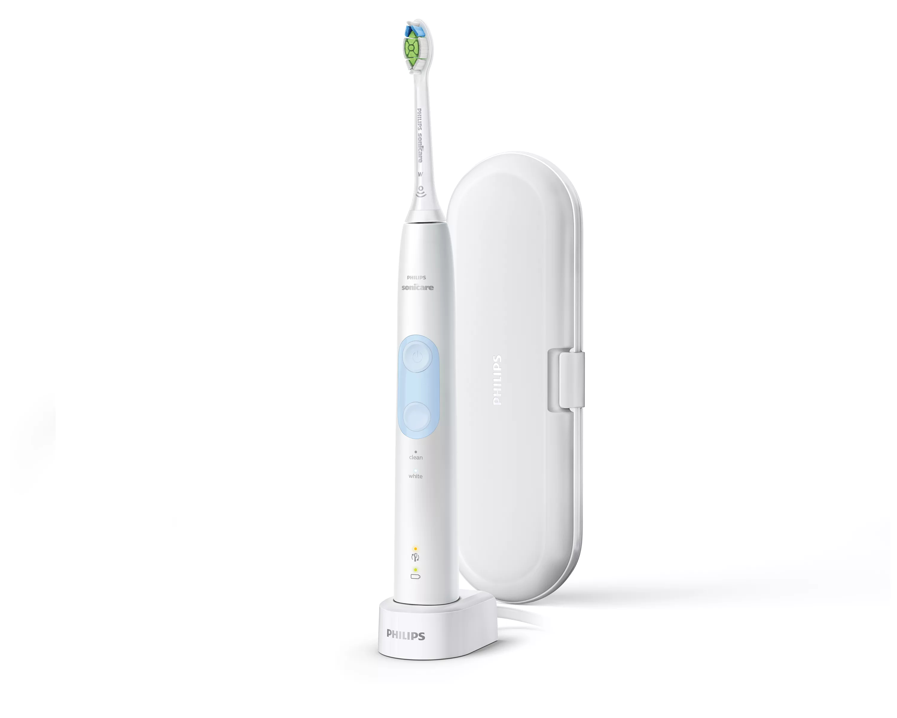 Weiße Philips Sonicare Zahnbürste, Ladestation und Reiseetui vor weißem Hintergrund.