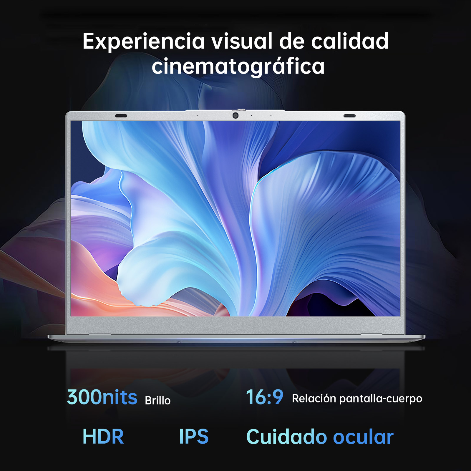 Pantalla de portátil con arte abstracto. El texto incluye '300nits', 'HDR', 'IPS', '16:9' y 'Cuidado ocular' sobre fondo negro.