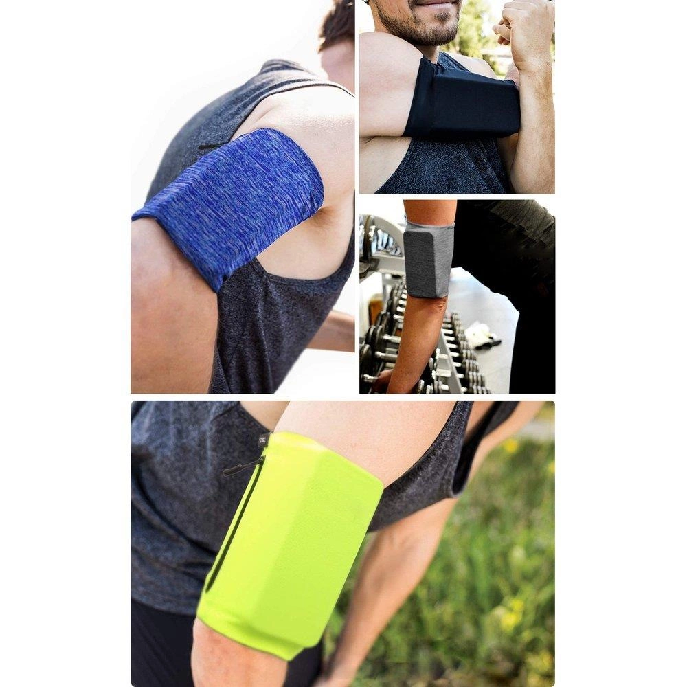 Vier Bilder zeigen Arme mit Armbändern. Die Armbänder sind blau, schwarz und grün. Eine Person trainiert.