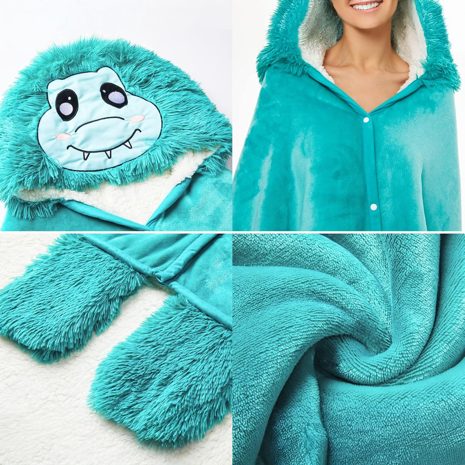 Una manta con capucha de monstruo de color verde azulado con una cara de monstruo sonriente en la capucha. La manta es suave y esponjosa, con forro blanco.