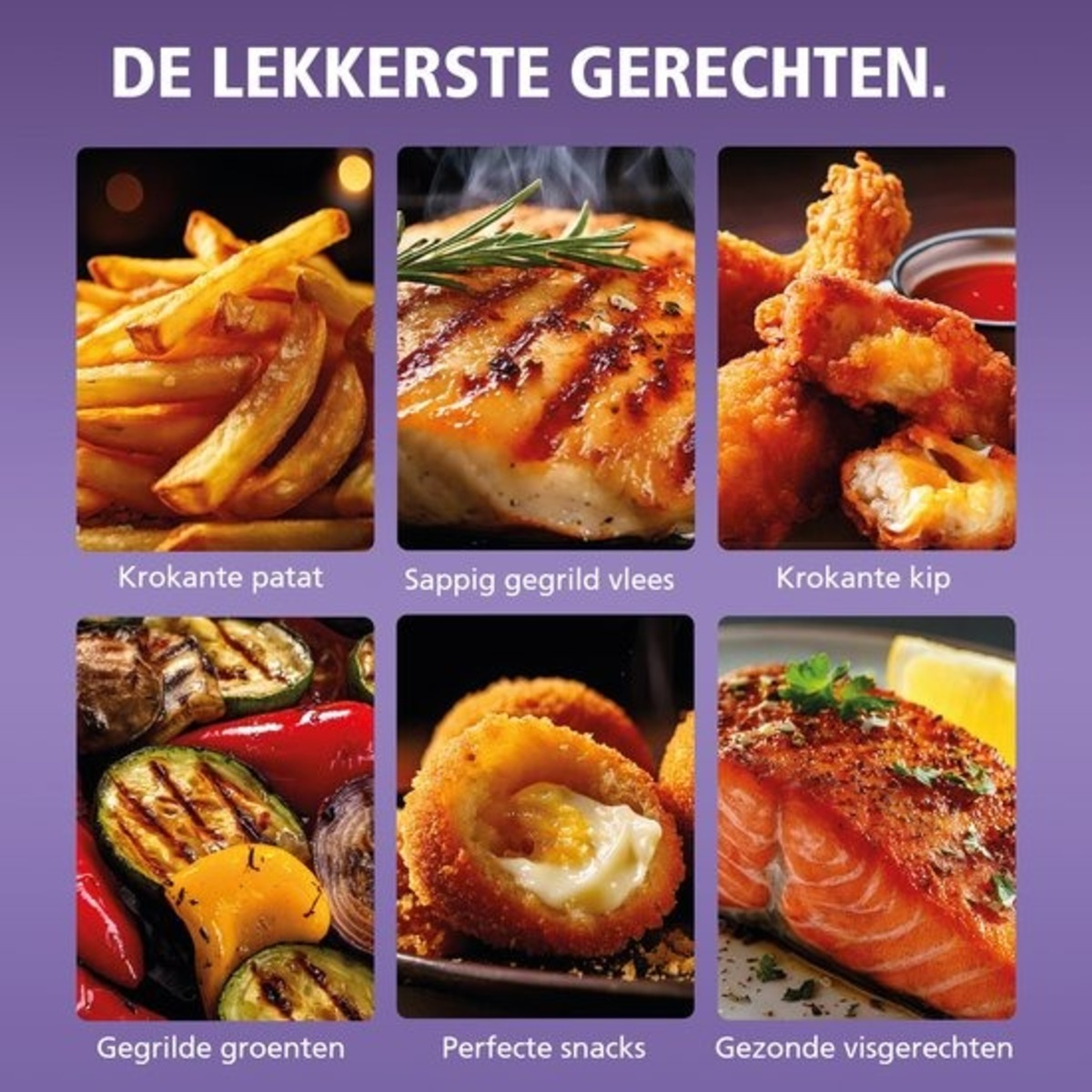 A food collage featuring fries, grilled meat, fried chicken, grilled vegetables, snacks, and salmon. Each dish looks delicious.