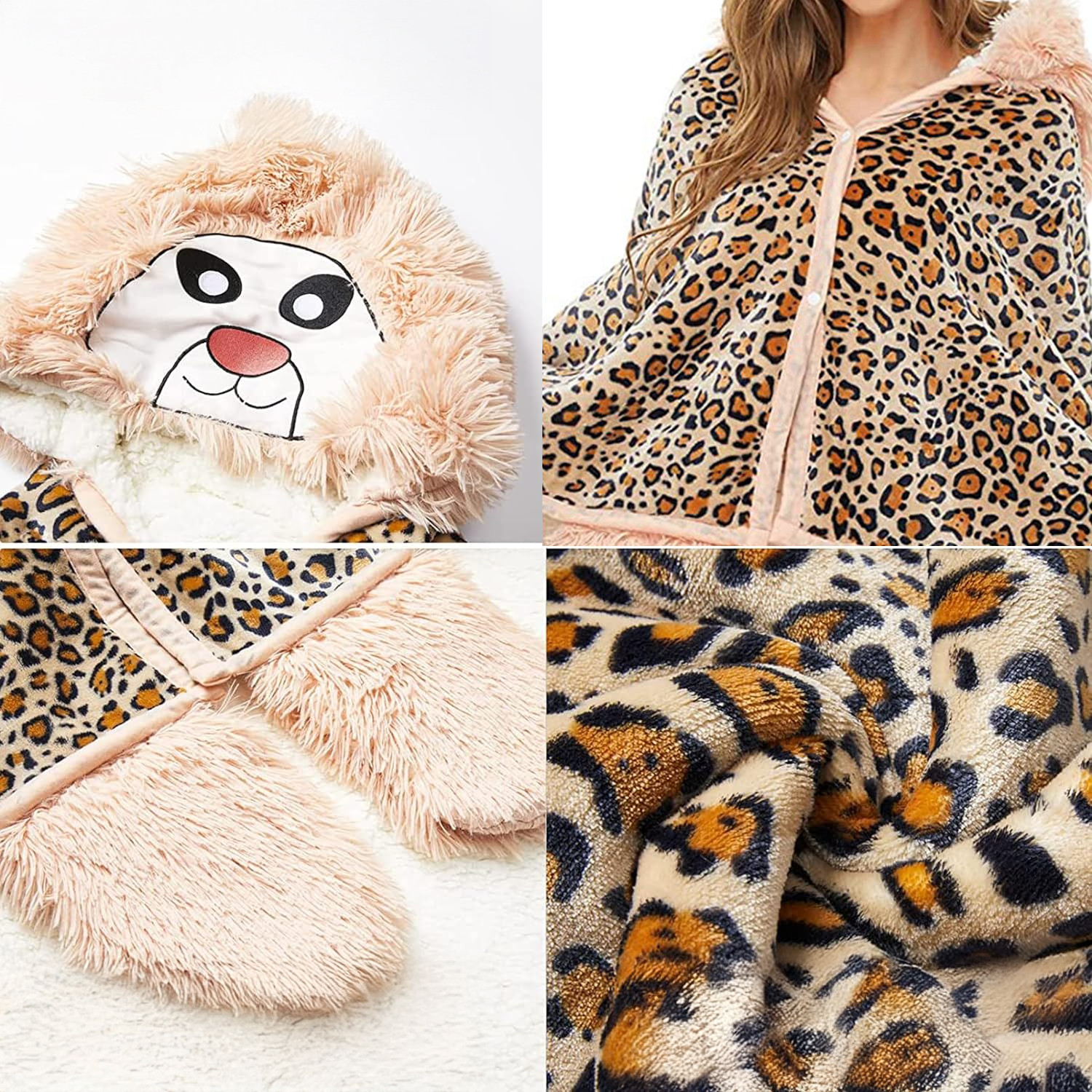 Una coperta con cappuccio con una faccia di leone sul cappuccio e stampa leopardata sul corpo. Texture morbida, peluche e rifiniture rosa.