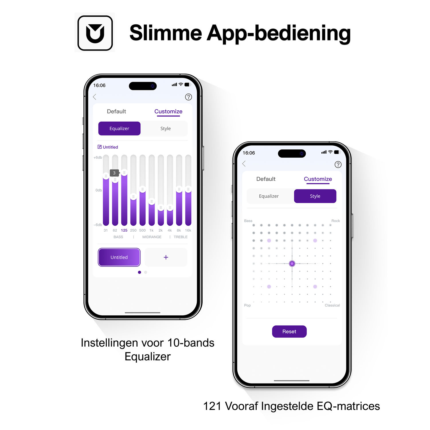 Deux smartphones affichent les paramètres de l'égaliseur. L'un montre un égaliseur 10 bandes, l'autre une matrice prédéfinie.