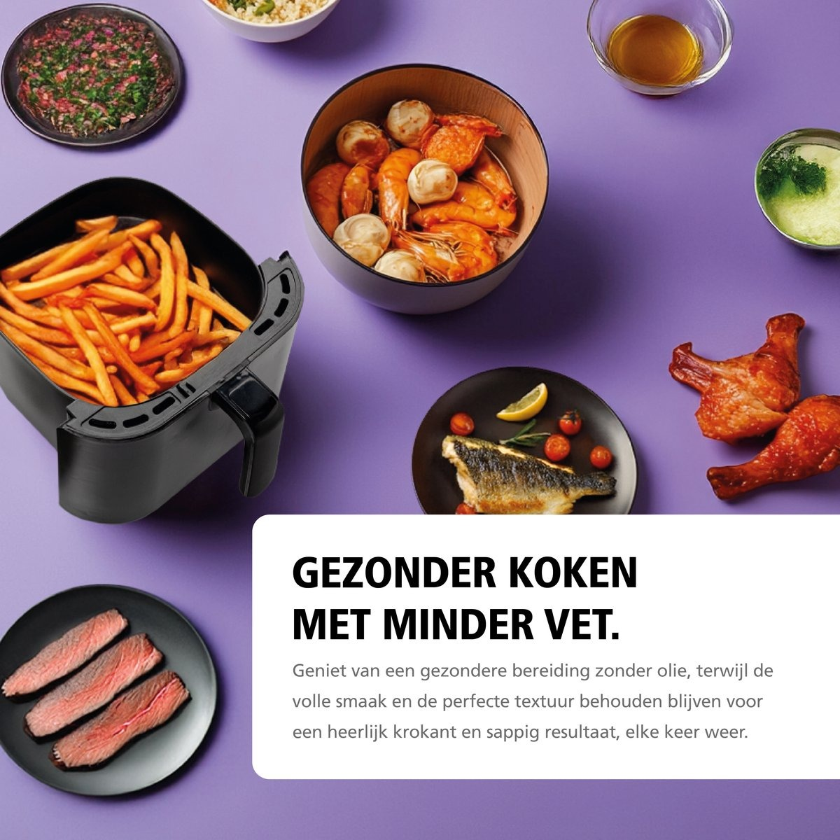 Ein Luftfritteuse mit Pommes Frites, verschiedene Gerichte wie Garnelen, Hähnchen und Fisch, mit Text 'Gesünderes Kochen mit weniger Fett'.