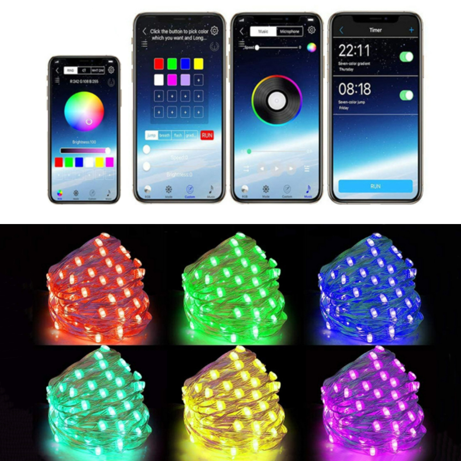 La imagen muestra varios smartphones con aplicaciones de control de luz y seis haces de luces LED de colores variados.