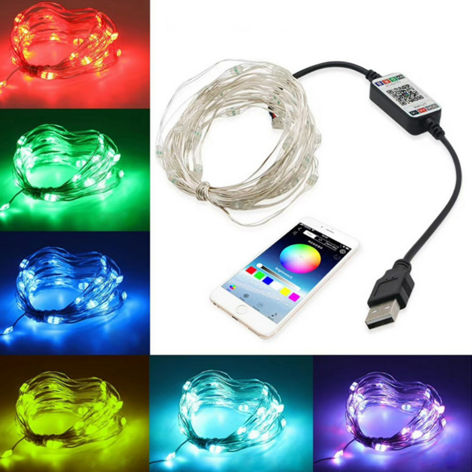Luces de cadena con LEDs que cambian de color, teléfono, controlador y enchufe USB. Las luces son rojas, verdes, azules, amarillas, turquesas y moradas.