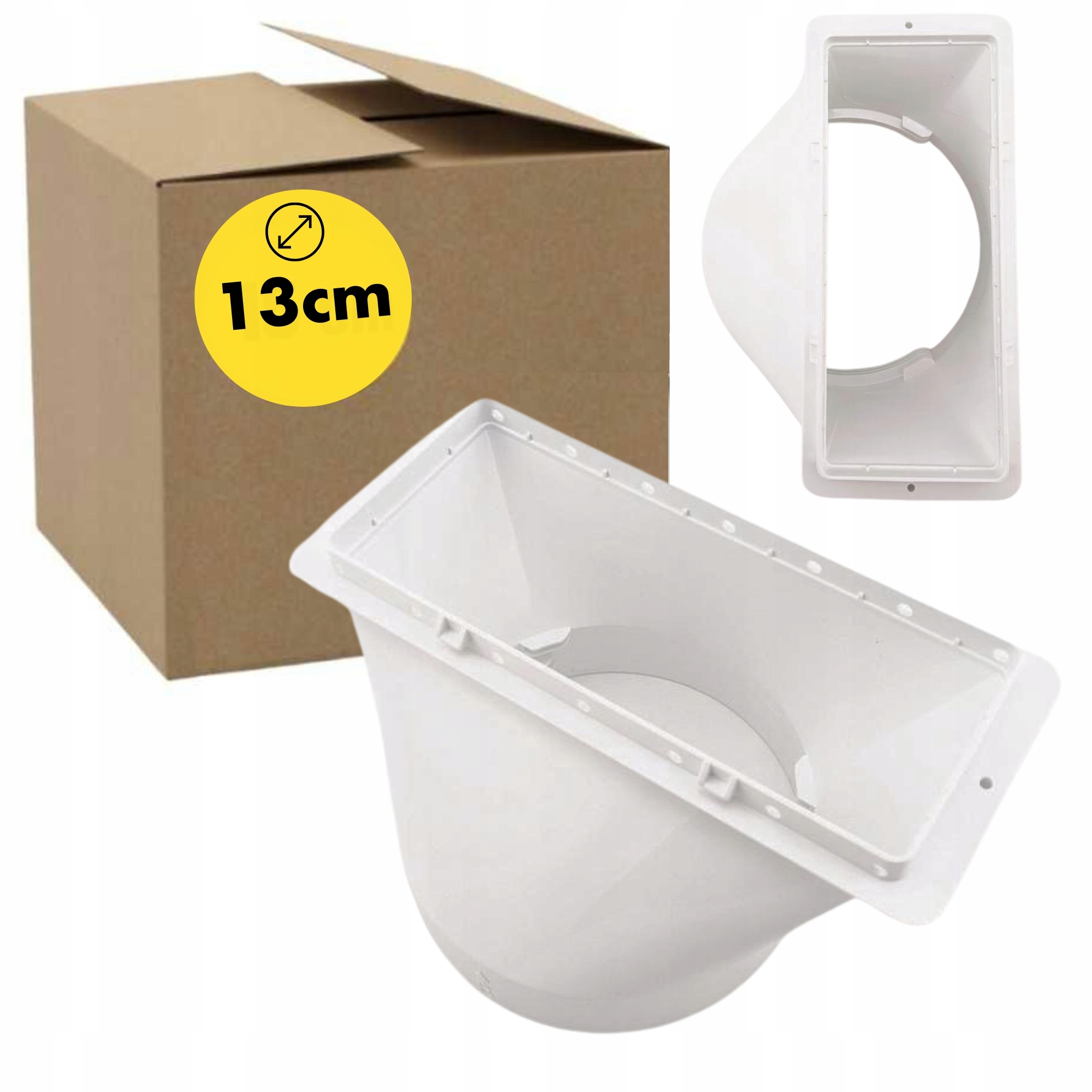Karton z żółtą naklejką 13cm. Dwa białe plastikowe elementy wentylacyjne po prawej.