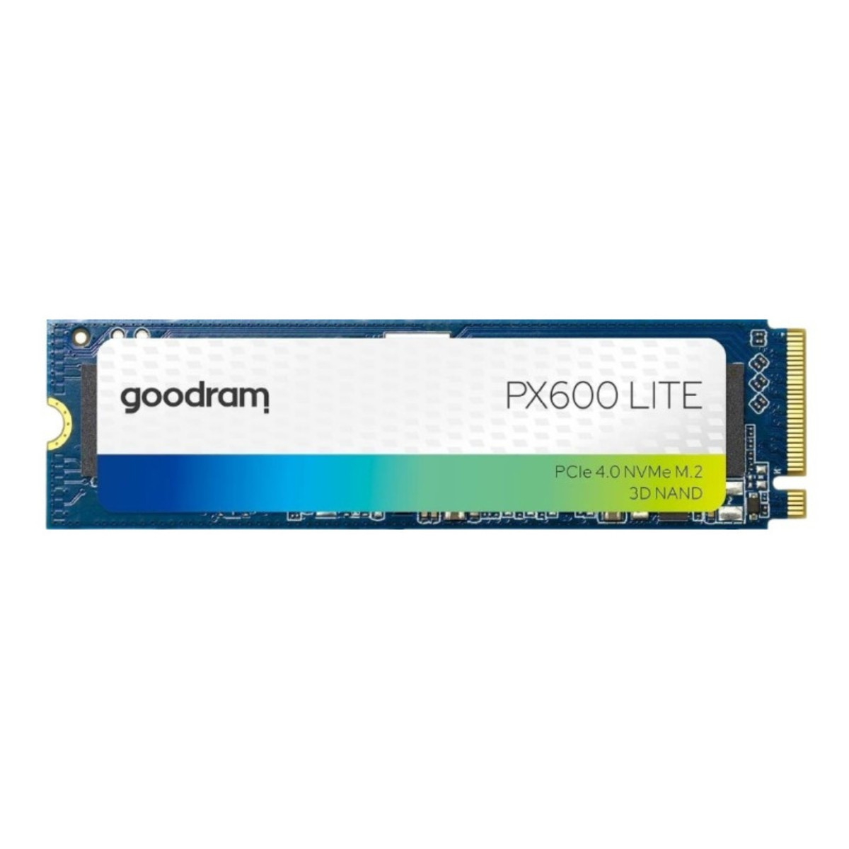 Dysk SSD goodram PX600 LITE PCIe 4.0 NVMe M.2 3D NAND. Niebiesko-biała etykieta z nazwą marki i informacjami o produkcie.
