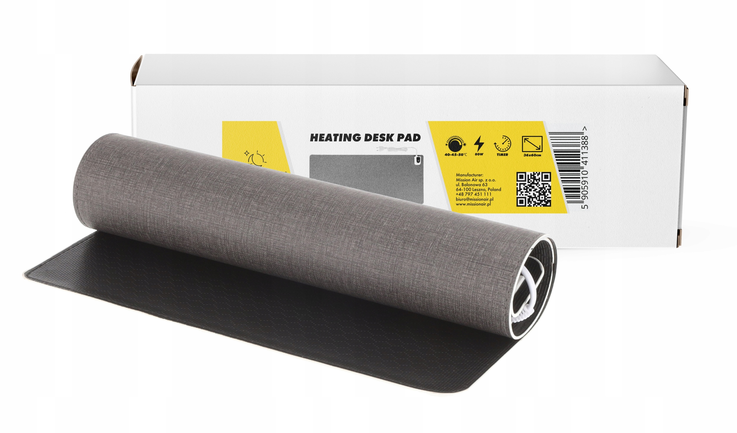 Szara podkładka grzewcza częściowo rozwinięta. Za nią białe pudełko ze szczegółami produktu.