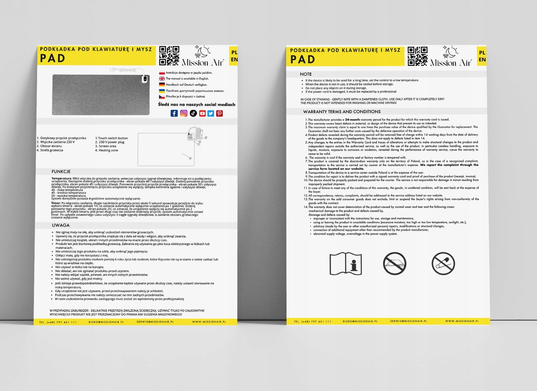 Biała podkładka z tekstem i ikonami. Obecny jest kod QR i małe logo.