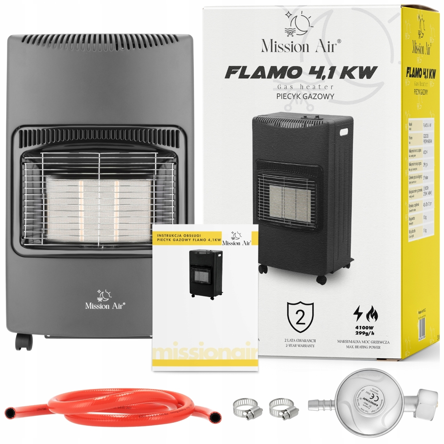 Grzejnik gazowy z akcesoriami. Widoczne pudełko z tekstem, czerwony wąż, zaciski i regulator.