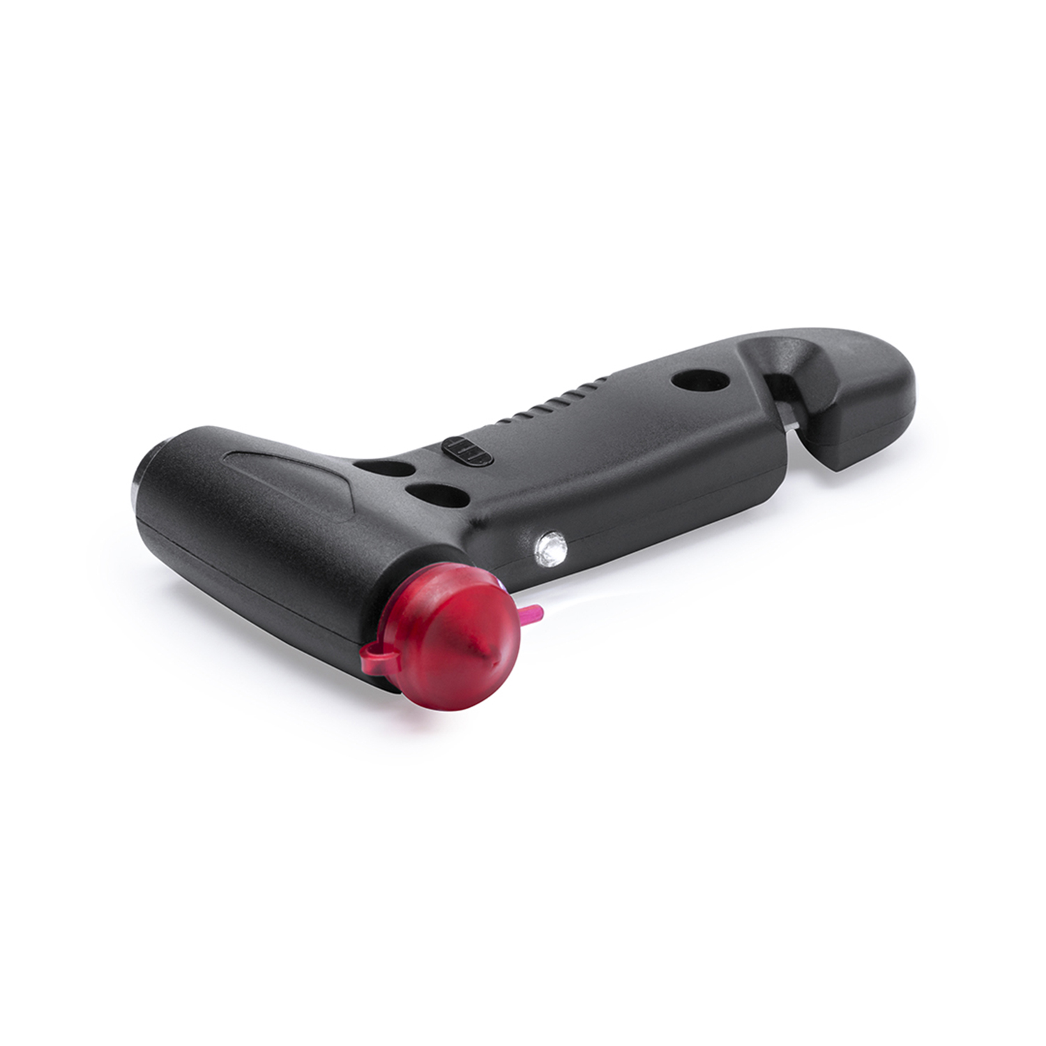Una herramienta negra para escapar de un automóvil con una tapa roja y una lengüeta rosa. Está sobre una superficie blanca.