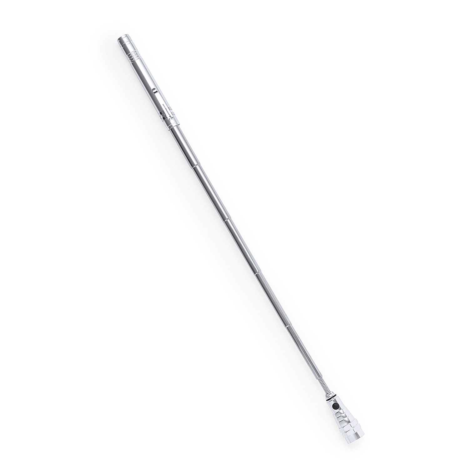 Una antena telescópica larga y plateada se encuentra en diagonal sobre fondo blanco. Está completamente extendida.