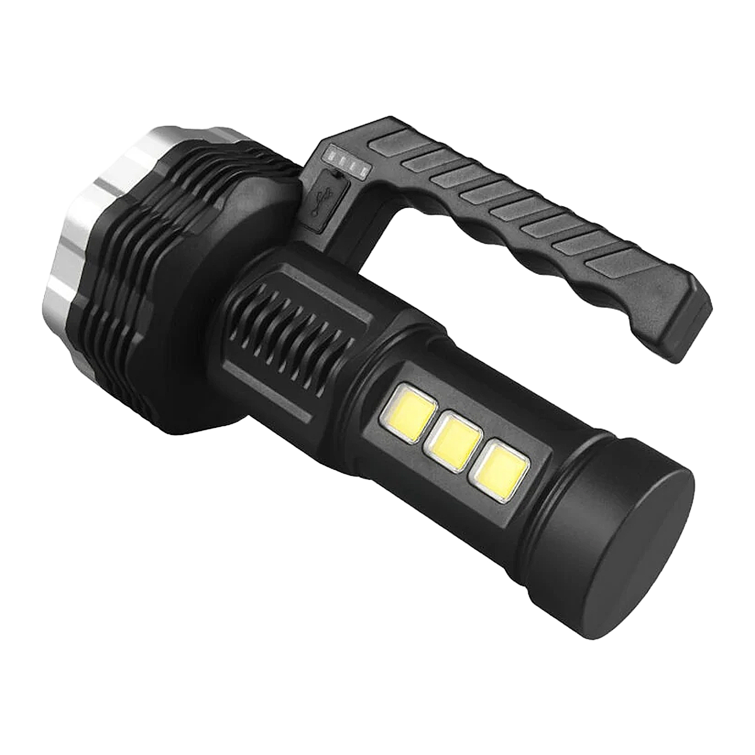 Una linterna negra y plateada con asa. Tiene tres luces cuadradas y un asa texturizada para agarre.