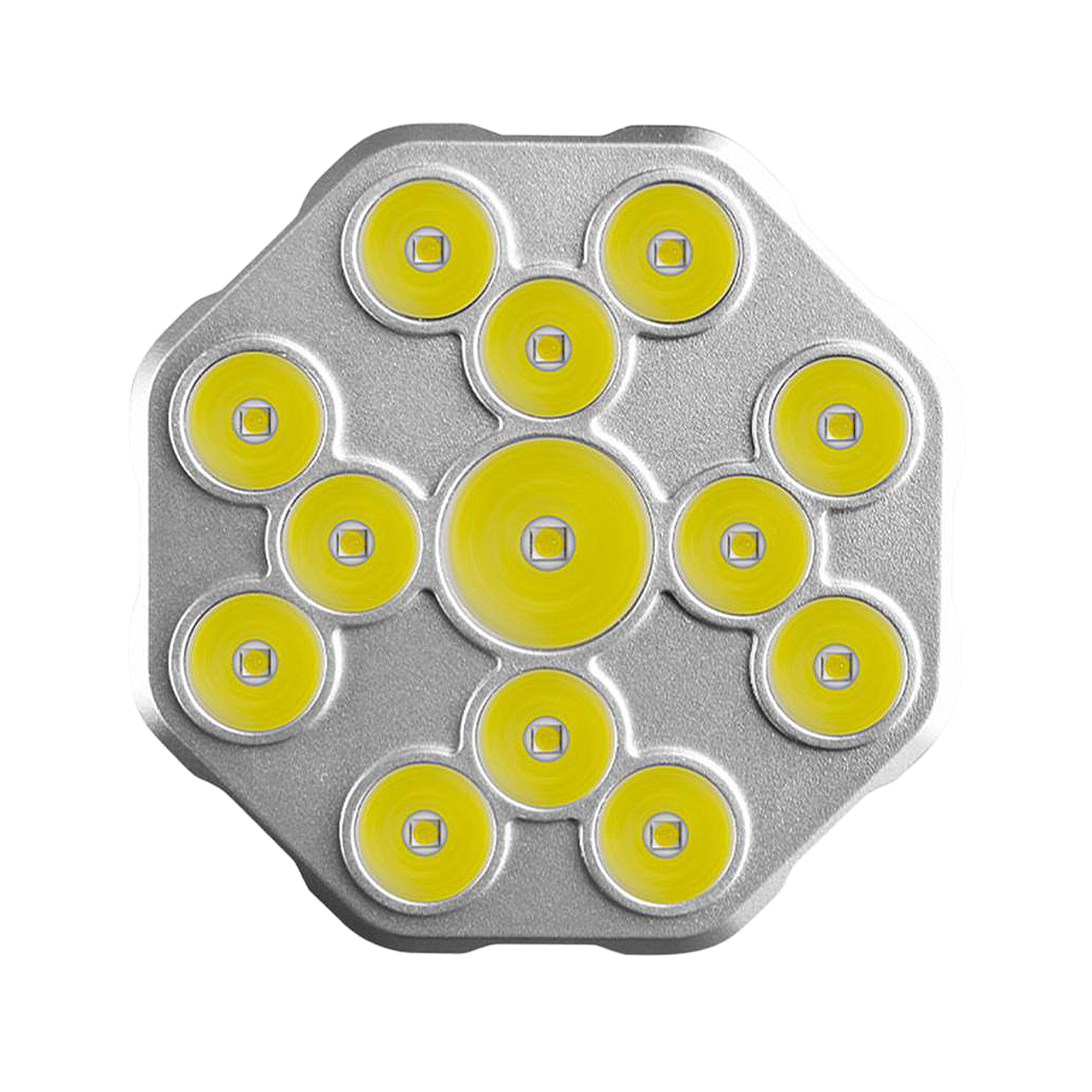 Primer plano de un conjunto de LED plateado con 13 luces amarillas. Las luces están dispuestas en círculo.