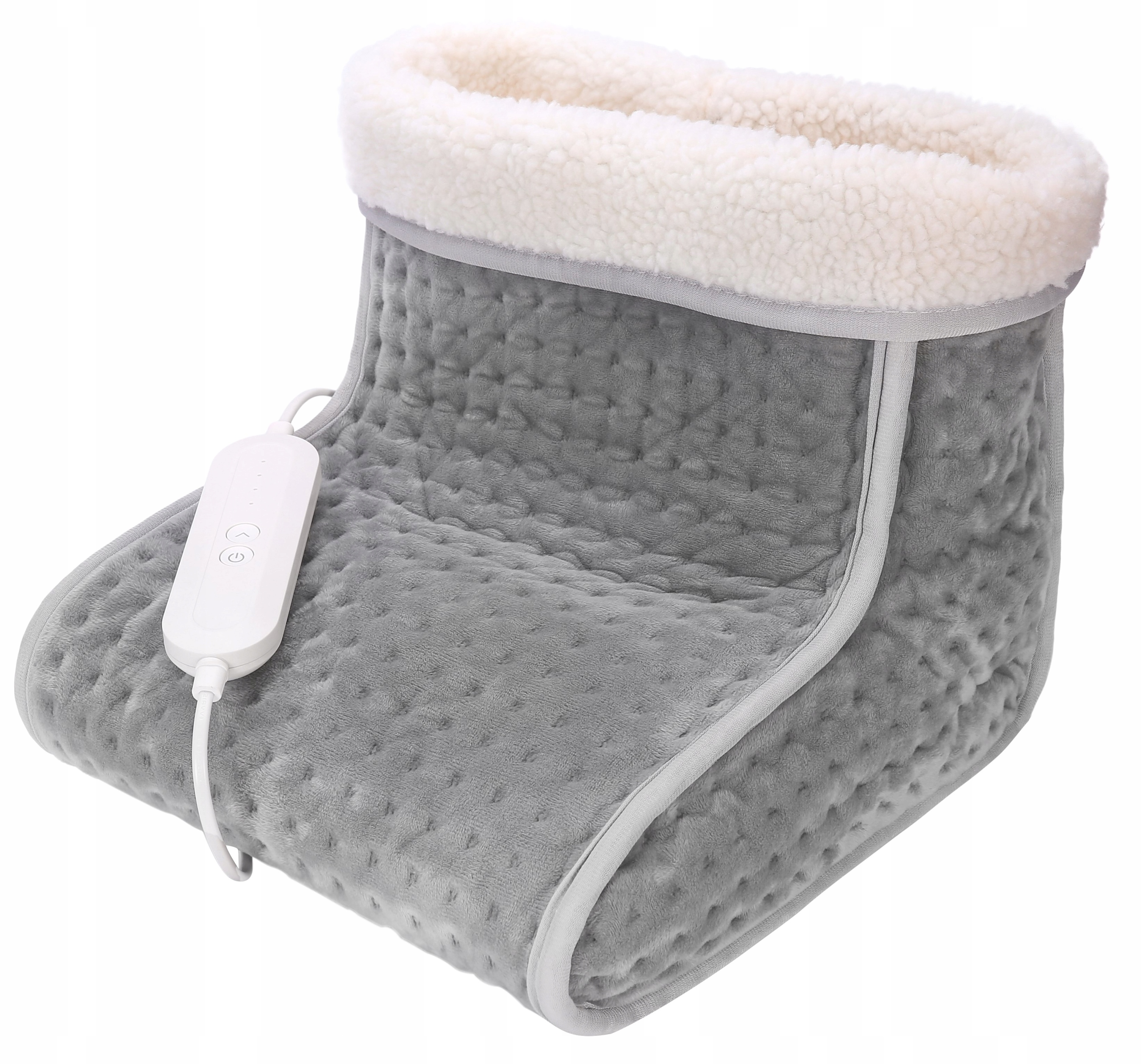 Szary ogrzewacz do stóp z białym, puszystym wnętrzem i panelem sterowania.