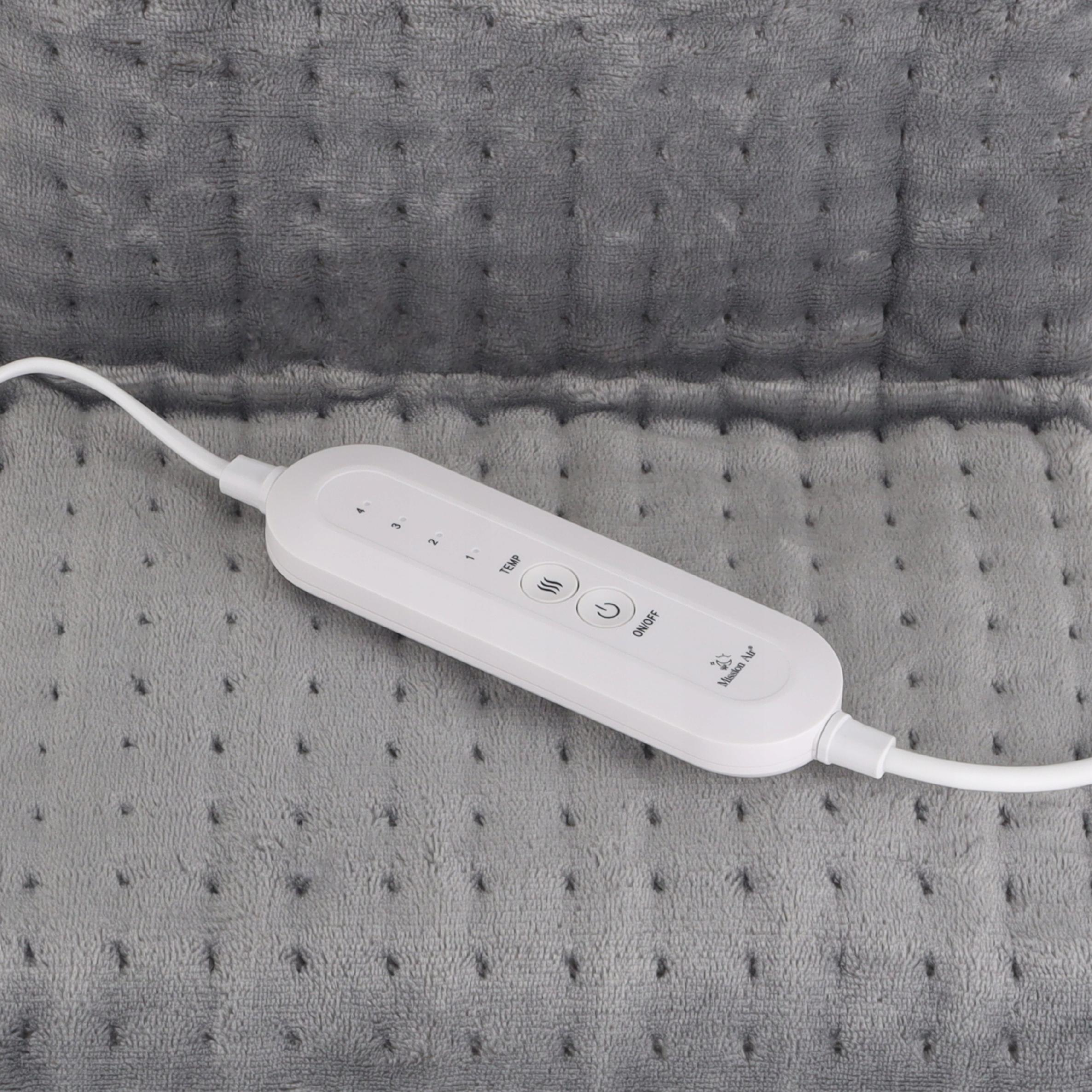 Szara poduszka grzewcza z białym panelem sterowania. Panel ma przyciski do regulacji temperatury i zasilania.