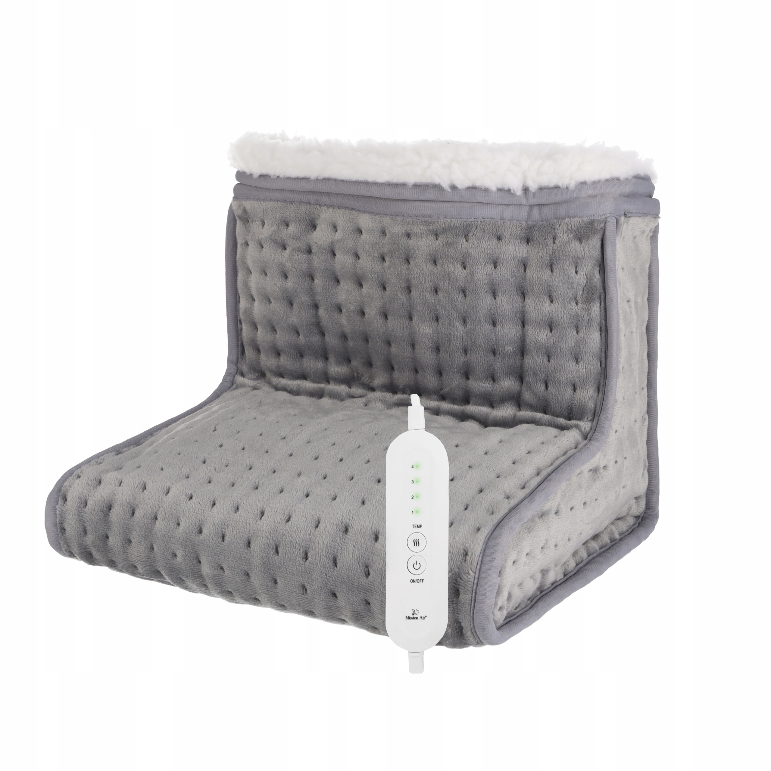 Szara poduszka grzewcza z białym, puszystym obramowaniem. Posiada panel sterowania z ustawieniami temperatury i przyciskiem zasilania.