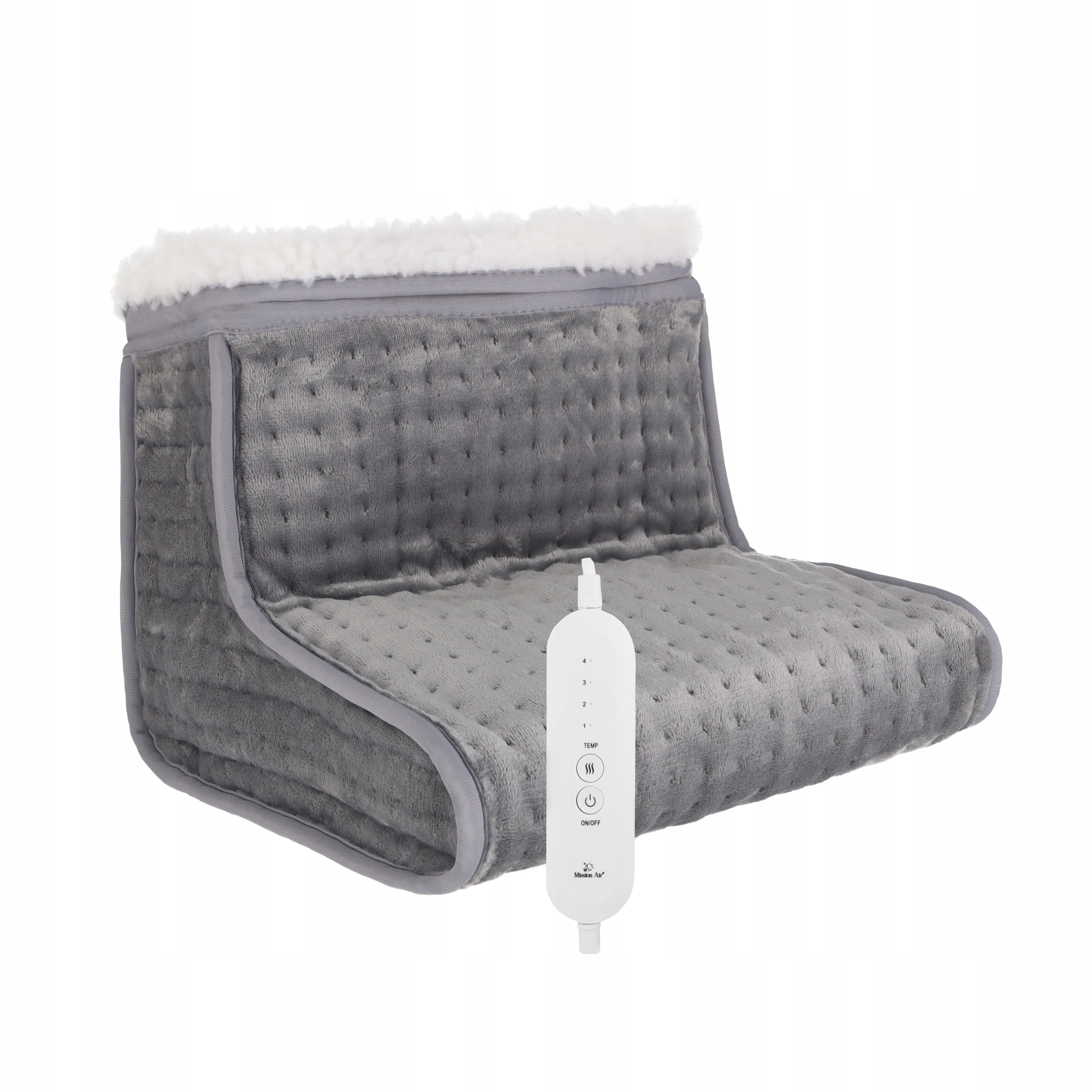 Szara poduszka do siedzenia z podgrzewaniem i białym panelem sterowania. Poduszka ma miękką, pikowaną powierzchnię. Sterownik ma ustawienia temperatury.