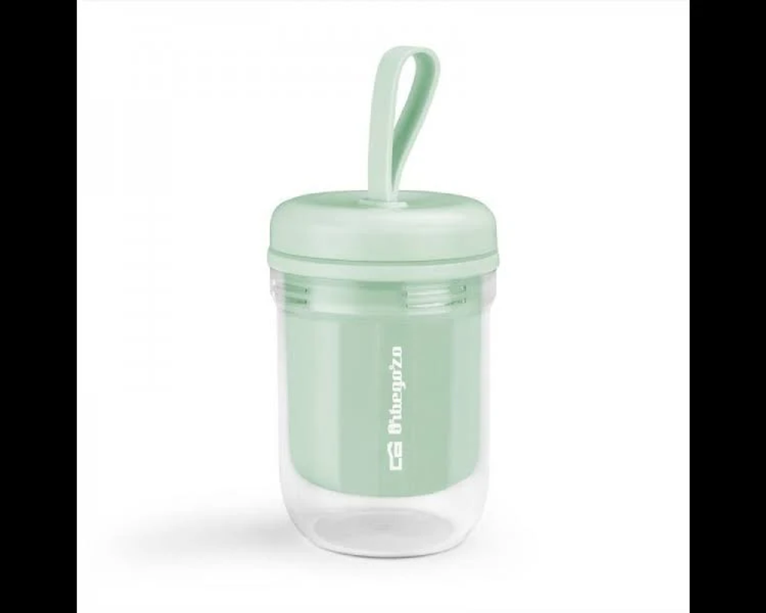 Una botella de agua verde menta con asa, la parte inferior es transparente. El nombre de la marca es visible en la botella.