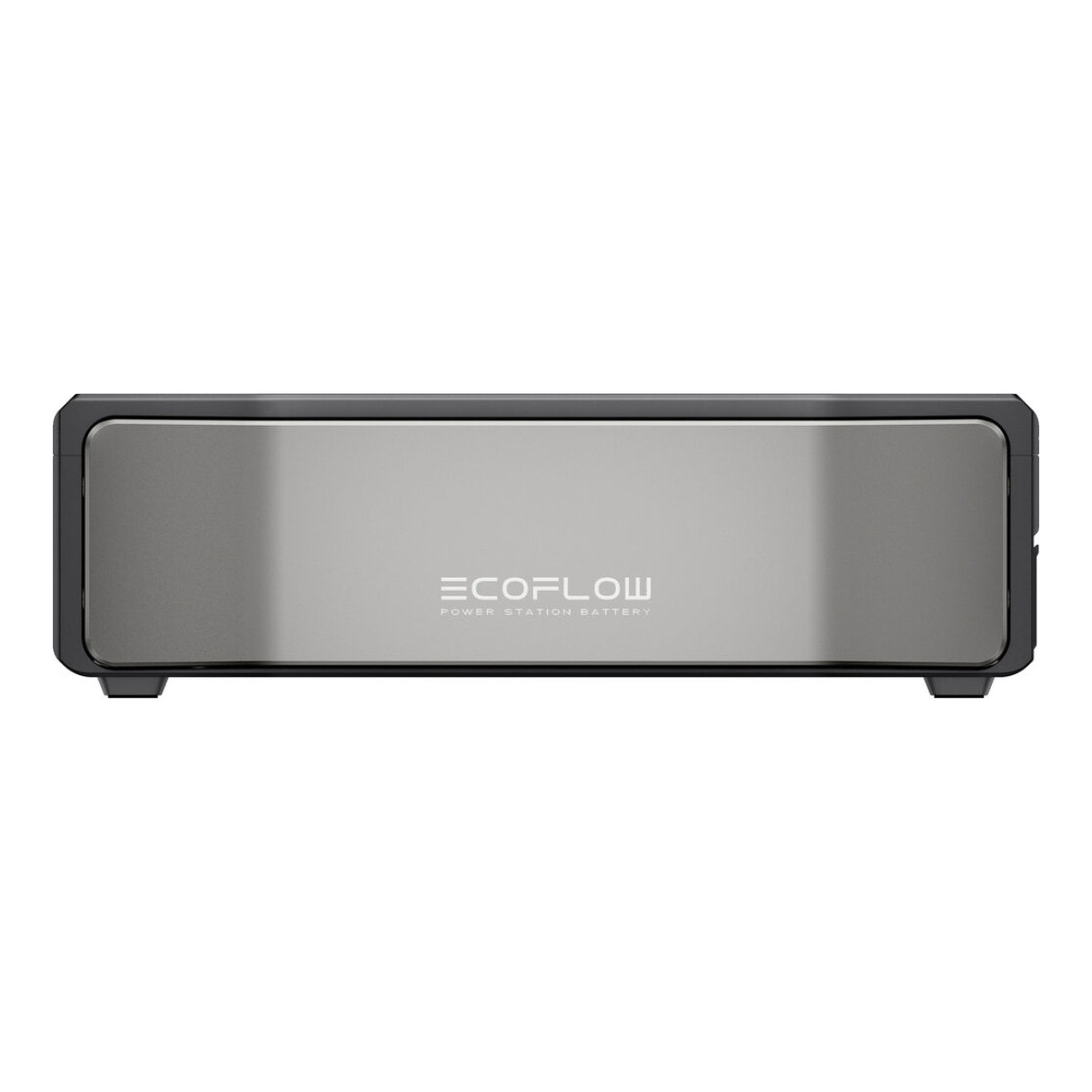 Dikdörtgen, gümüş renkli bir EcoFlow pil. Siyah bir çerçeveye, EcoFlow logosuna ve iki küçük ayağa sahip.