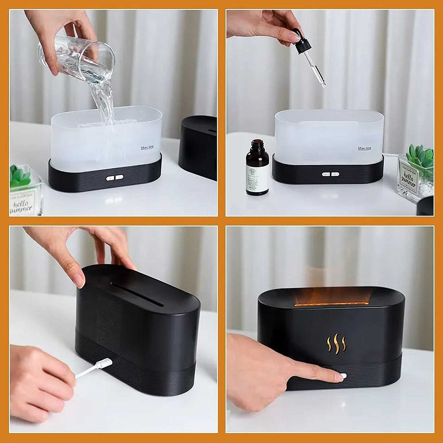 L'immagine mostra una serie di passaggi per utilizzare un diffusore di aromi. Include il riempimento con acqua, l'aggiunta di olio, l'inserimento della spina e l'accensione.