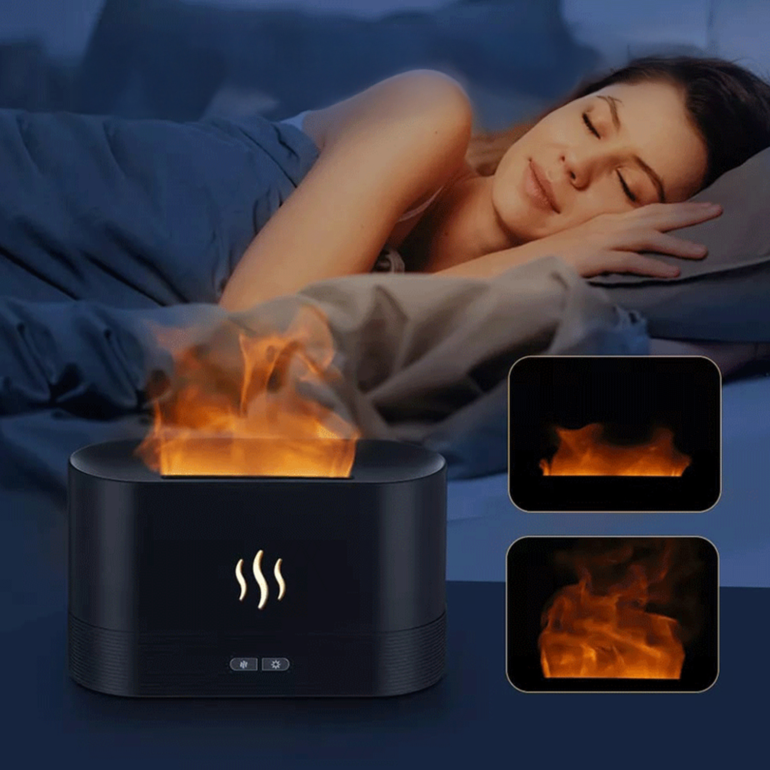 Una donna dorme vicino a un dispositivo con effetto fiamma. Il dispositivo è nero con una luce a forma di fiamma. Sono mostrati due display di fiamme più piccoli.