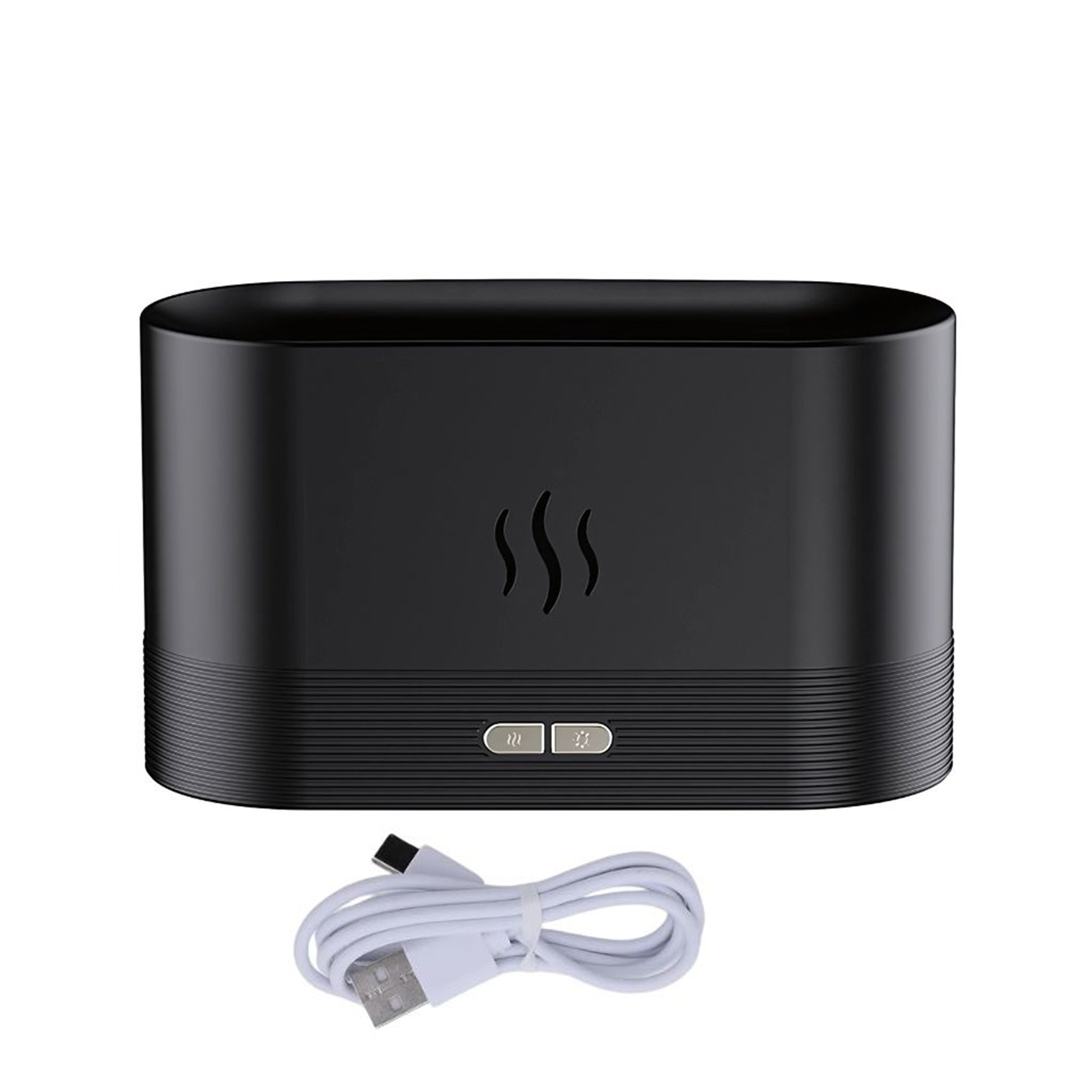 Diffusore per aromaterapia rettangolare nero. Ha un design a forma di fiamma e due pulsanti. Un cavo USB bianco è sotto.