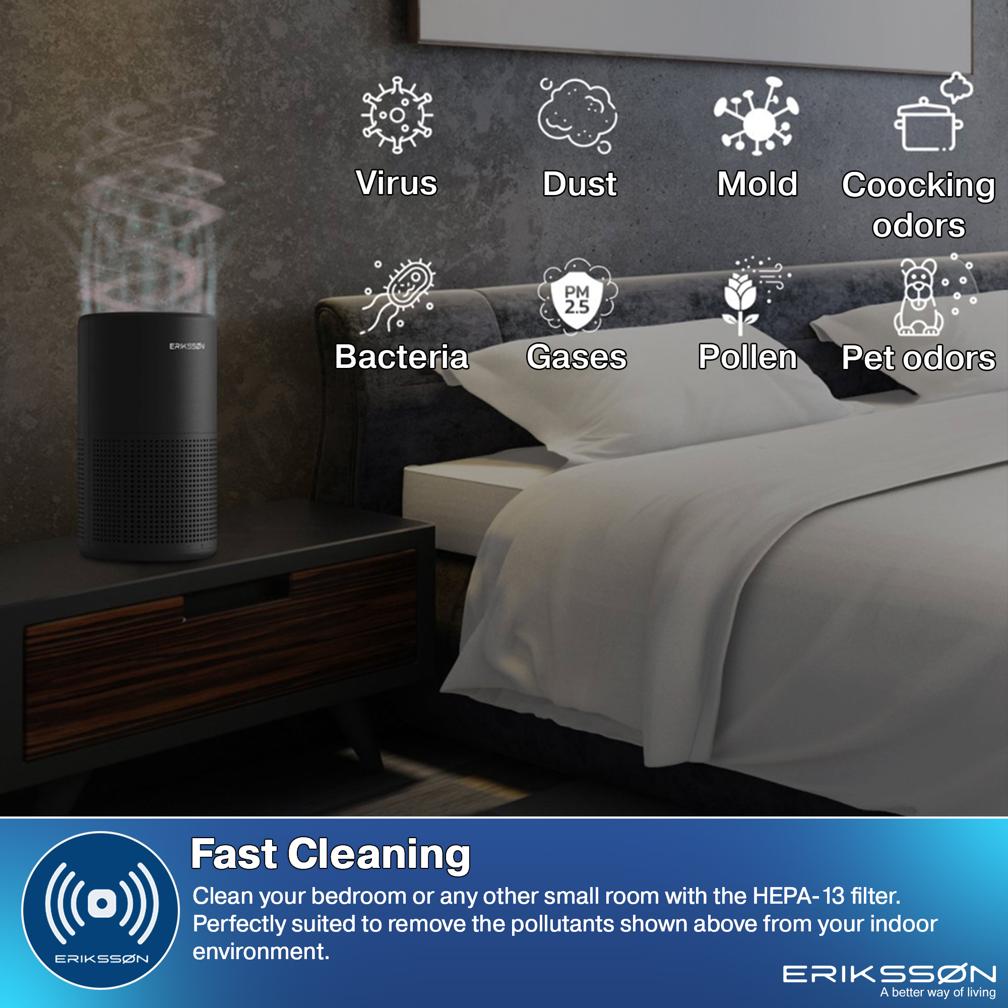 Schlafzimmer mit Luftreiniger, Bett und Symbolen für Schadstoffe wie Viren und Staub.