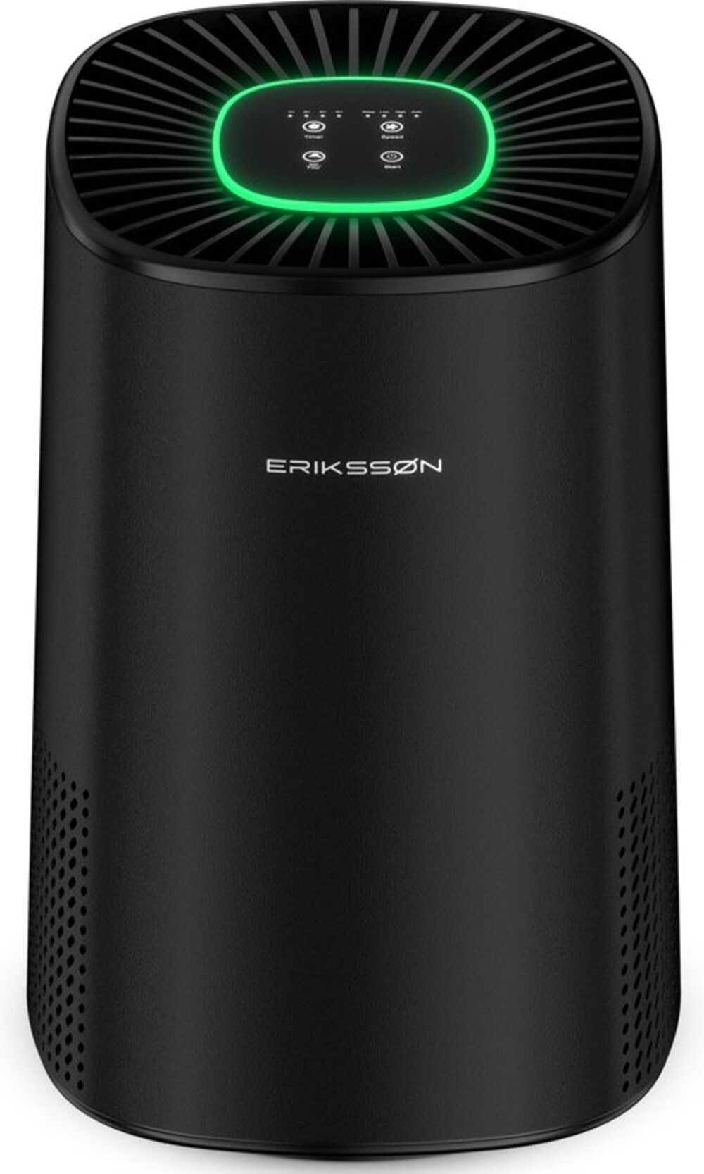 Black air purifier with green illuminated top panel. The brand name ERIKSSØN is on the front. Has button controls.
