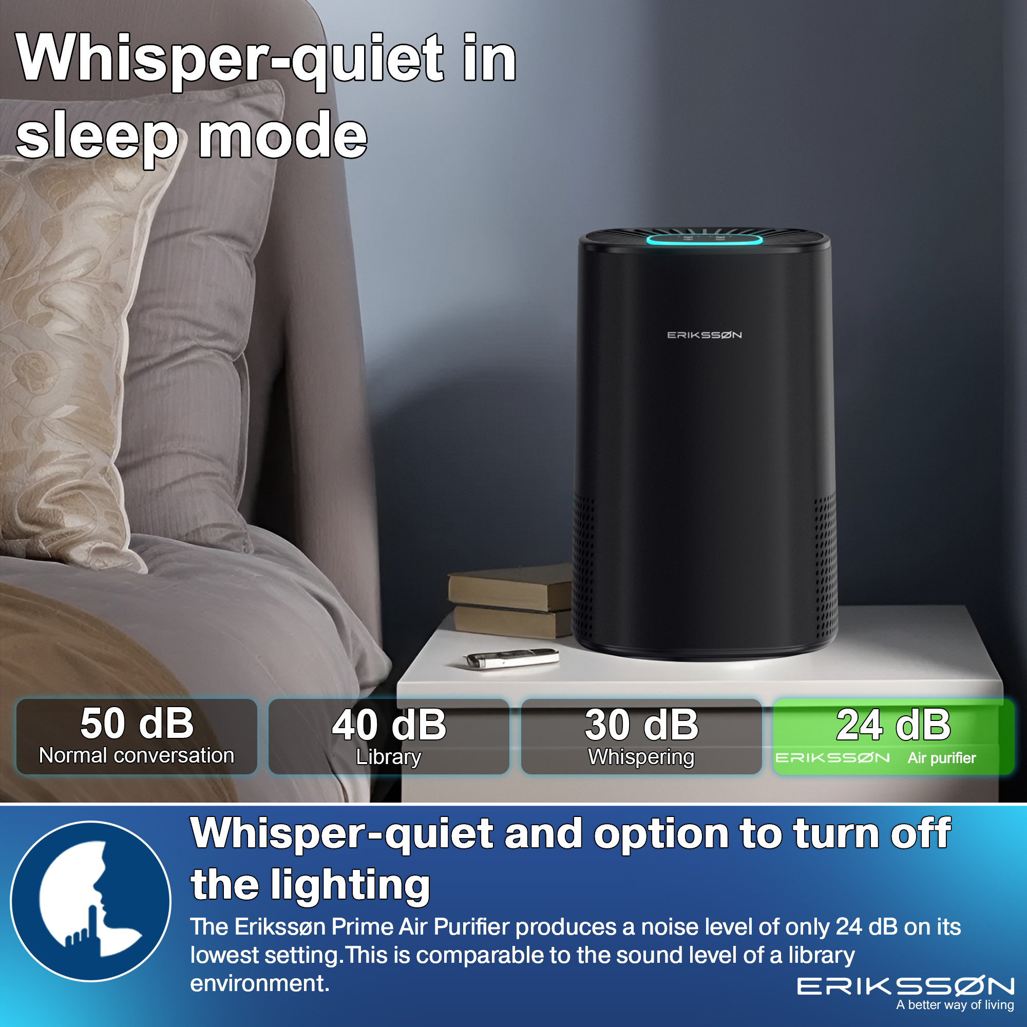 Black air purifier on a white table. A bed with pillows is on the left. Text: whisper-quiet in sleep mode.