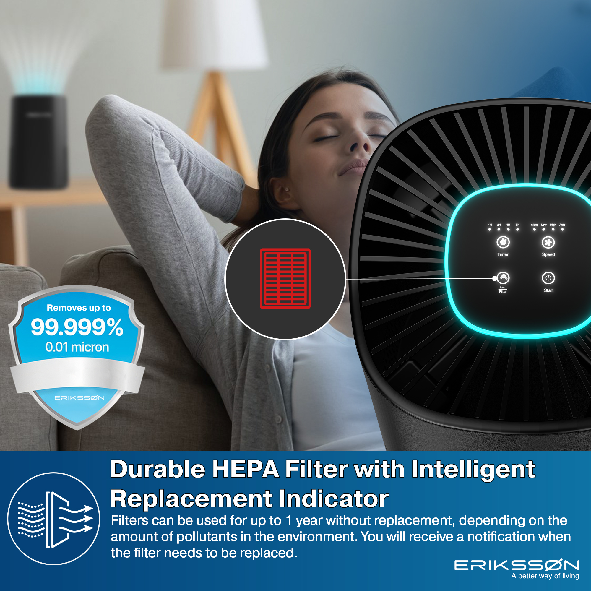 A woman relaxes near an air purifier. Text states the filter removes up to 99.999% of pollutants.