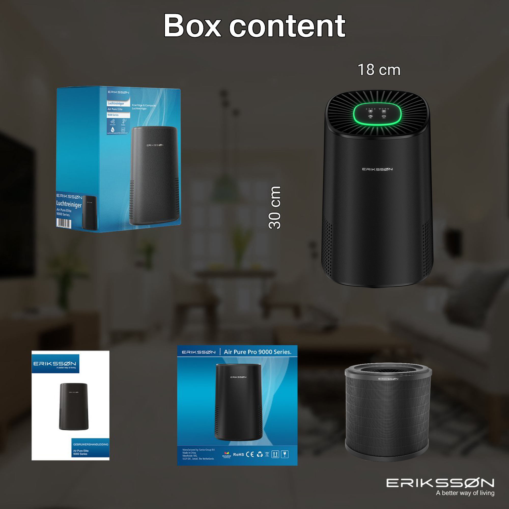 Image shows air purifier components: box, device, filter, and documents. Black devices. Text includes brand and model details.
