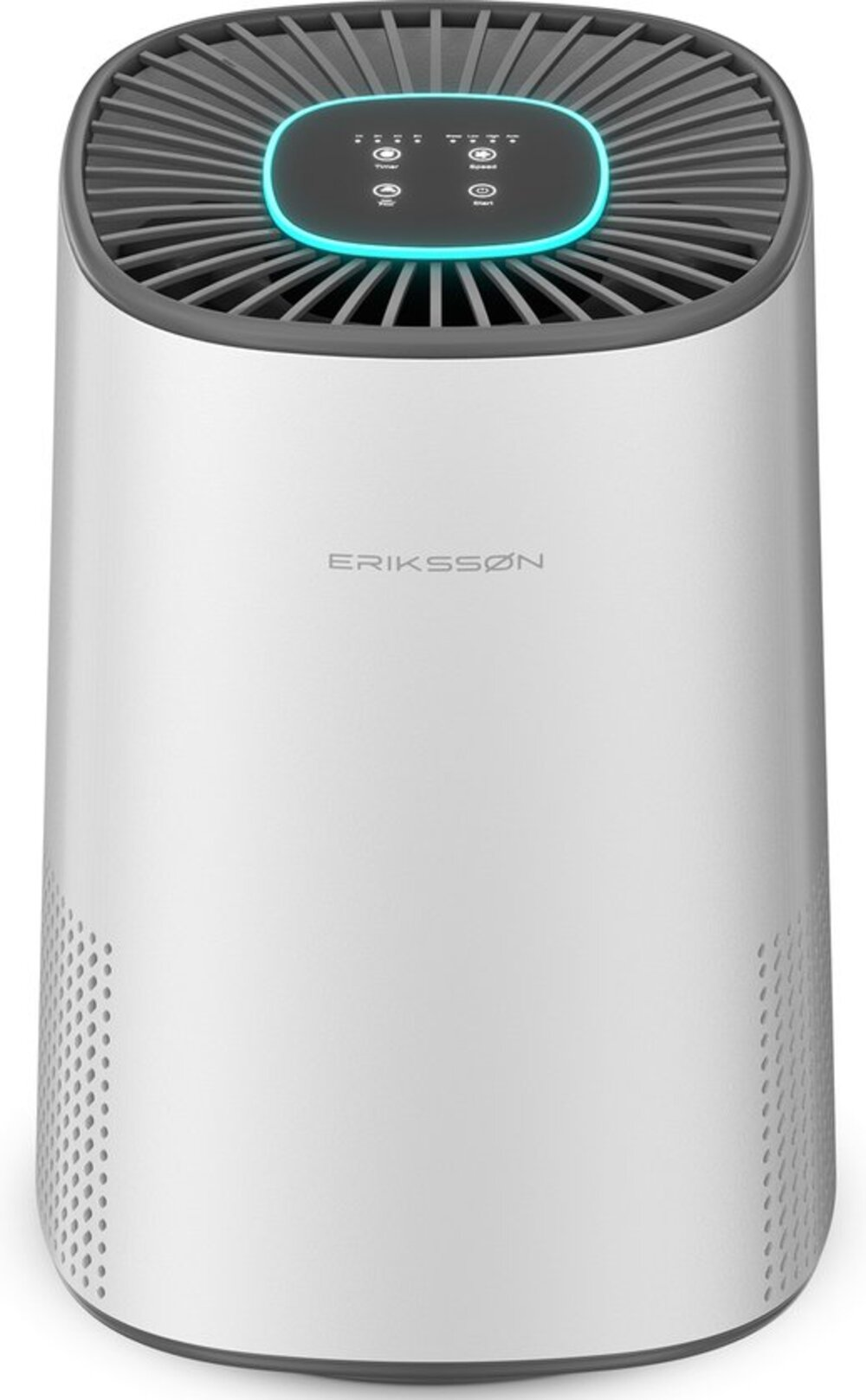 A white air purifier with a gray top and a control panel. The brand 'Eriksson' is printed on the front.