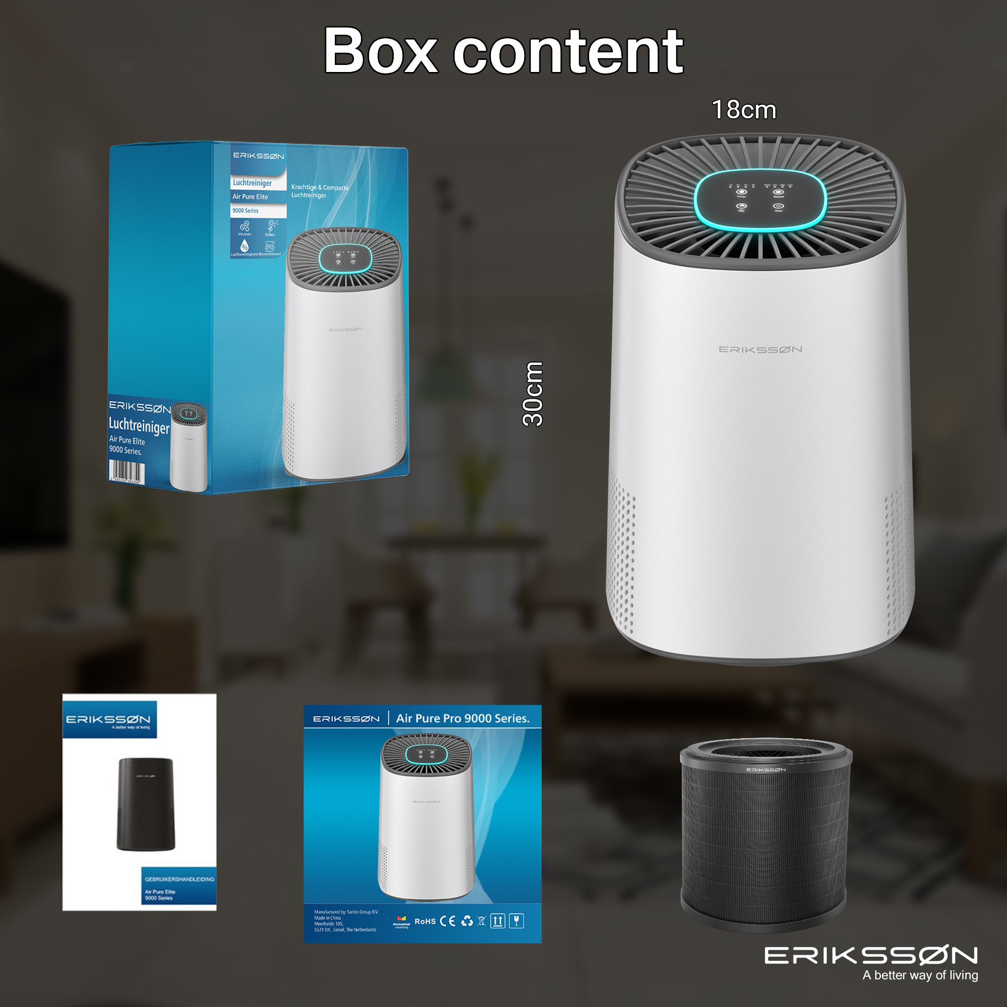 Das Bild zeigt einen Luftreiniger mit Boxinhalt, einschließlich Gerät, Filter und Marketingmaterialien.