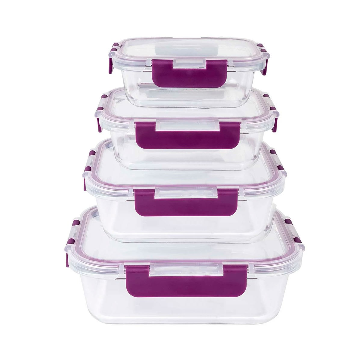 Cuatro recipientes de vidrio transparente apilados. Cada uno tiene un asa morada y una tapa transparente. Fondo blanco.