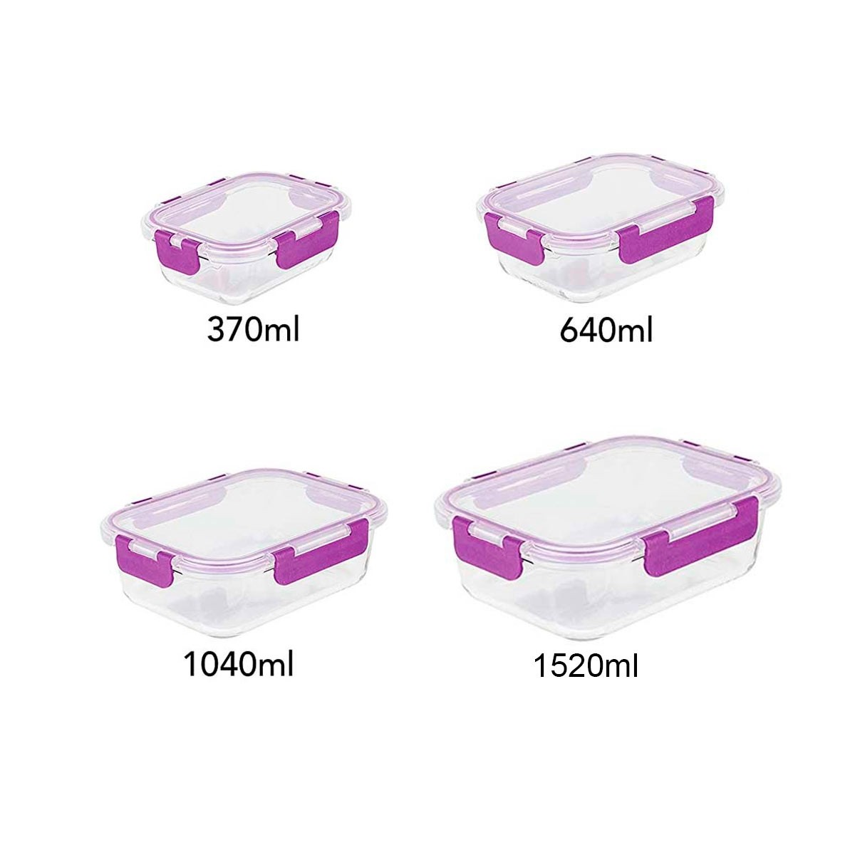 Cuatro recipientes transparentes para alimentos con cierres y tapas moradas, etiquetados 370ml, 640ml, 1040ml y 1520ml, sobre un fondo blanco.