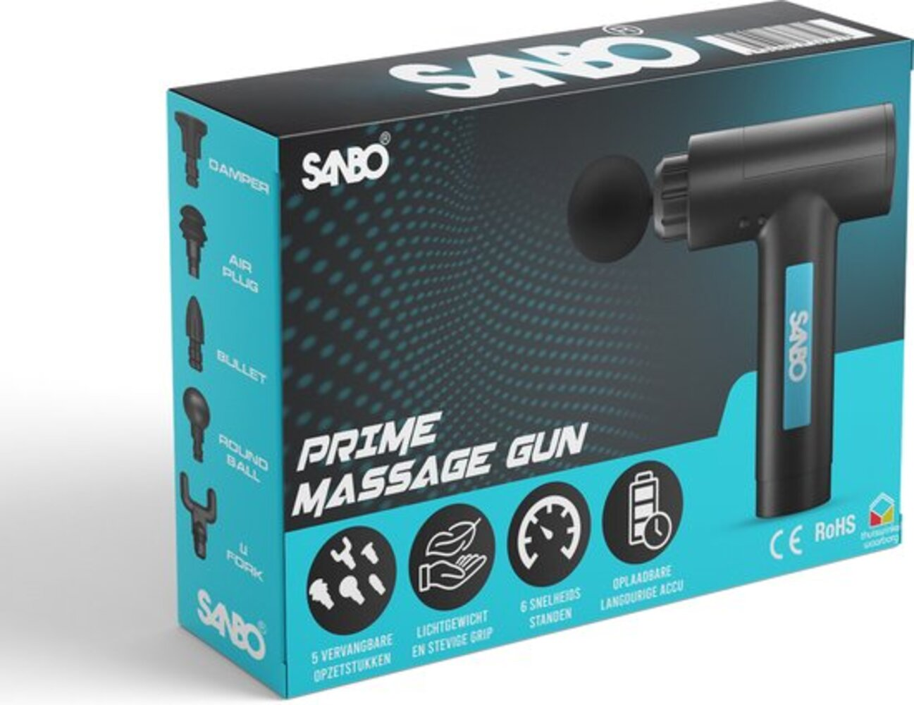 Eine Box mit einer Massagepistole. Sie ist schwarz mit blauen Akzenten und dem Markennamen SABO. Sie hat verschiedene Aufsätze und Funktionen.