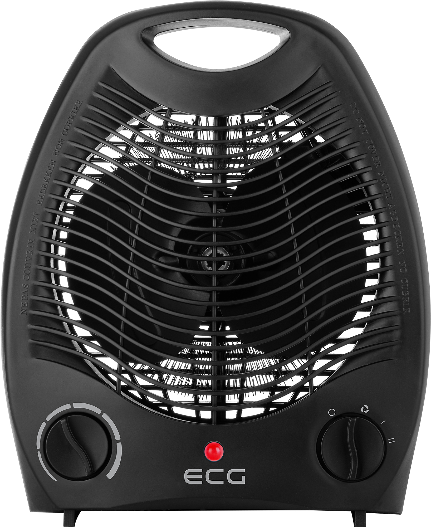 Czarny elektryczny grzejnik wentylatorowy z uchwytem, dwoma pokrętłami, czerwonym światłem i logo ECG.