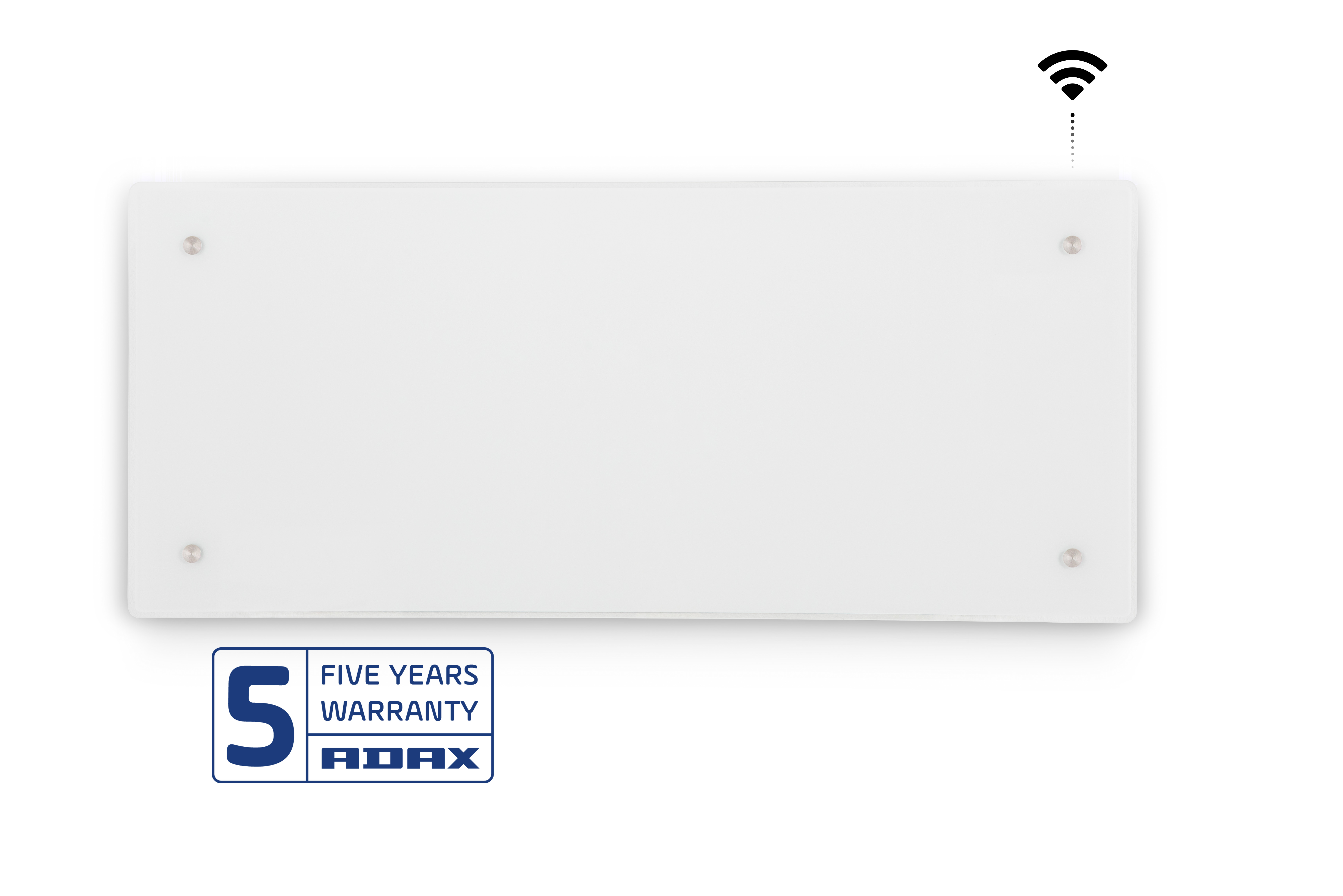 Objeto rectangular blanco con sujetadores plateados. Un símbolo wifi arriba. Un logotipo de garantía abajo.