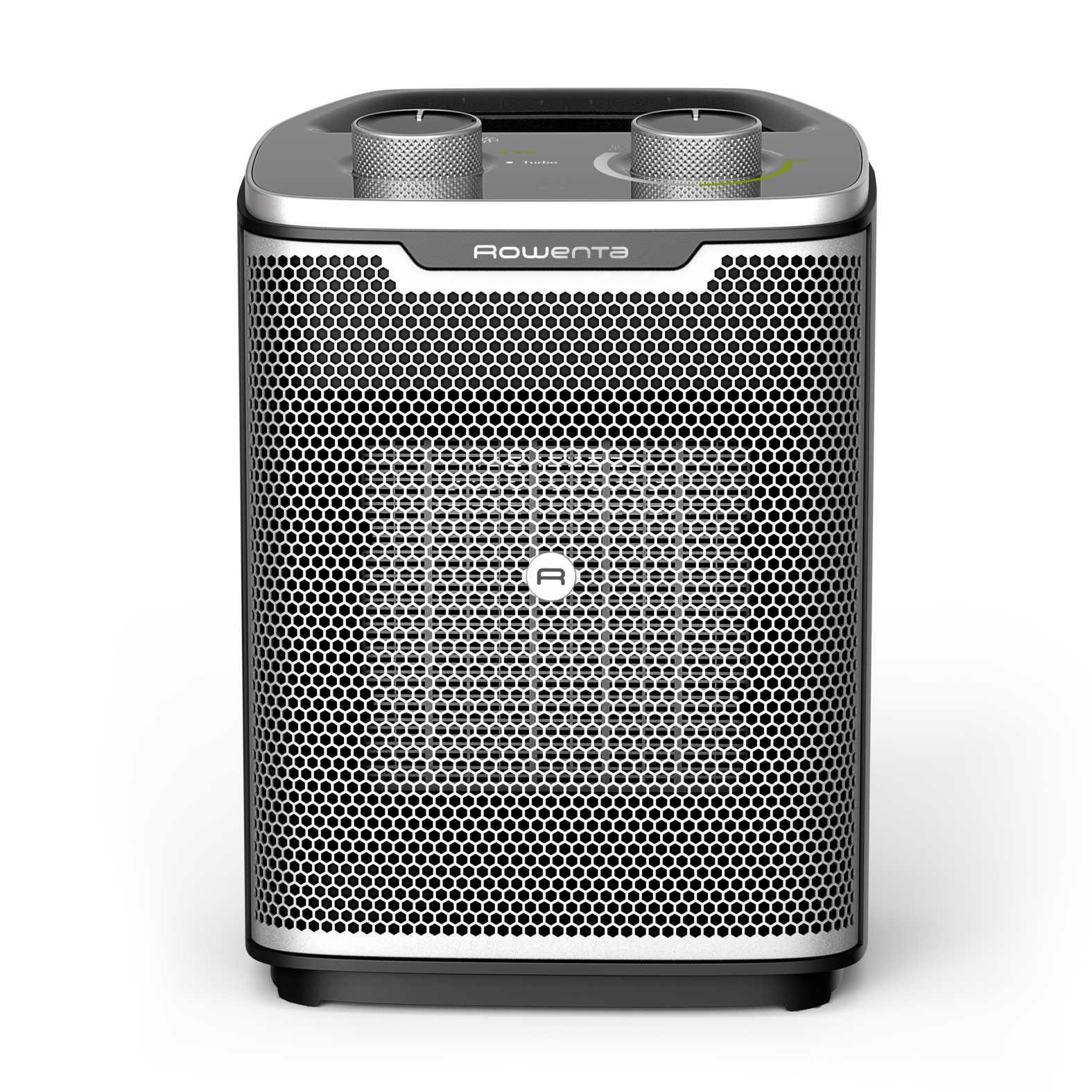 Un termoventilatore Rowenta argento e nero con griglia a nido d'ape e due manopole superiori.