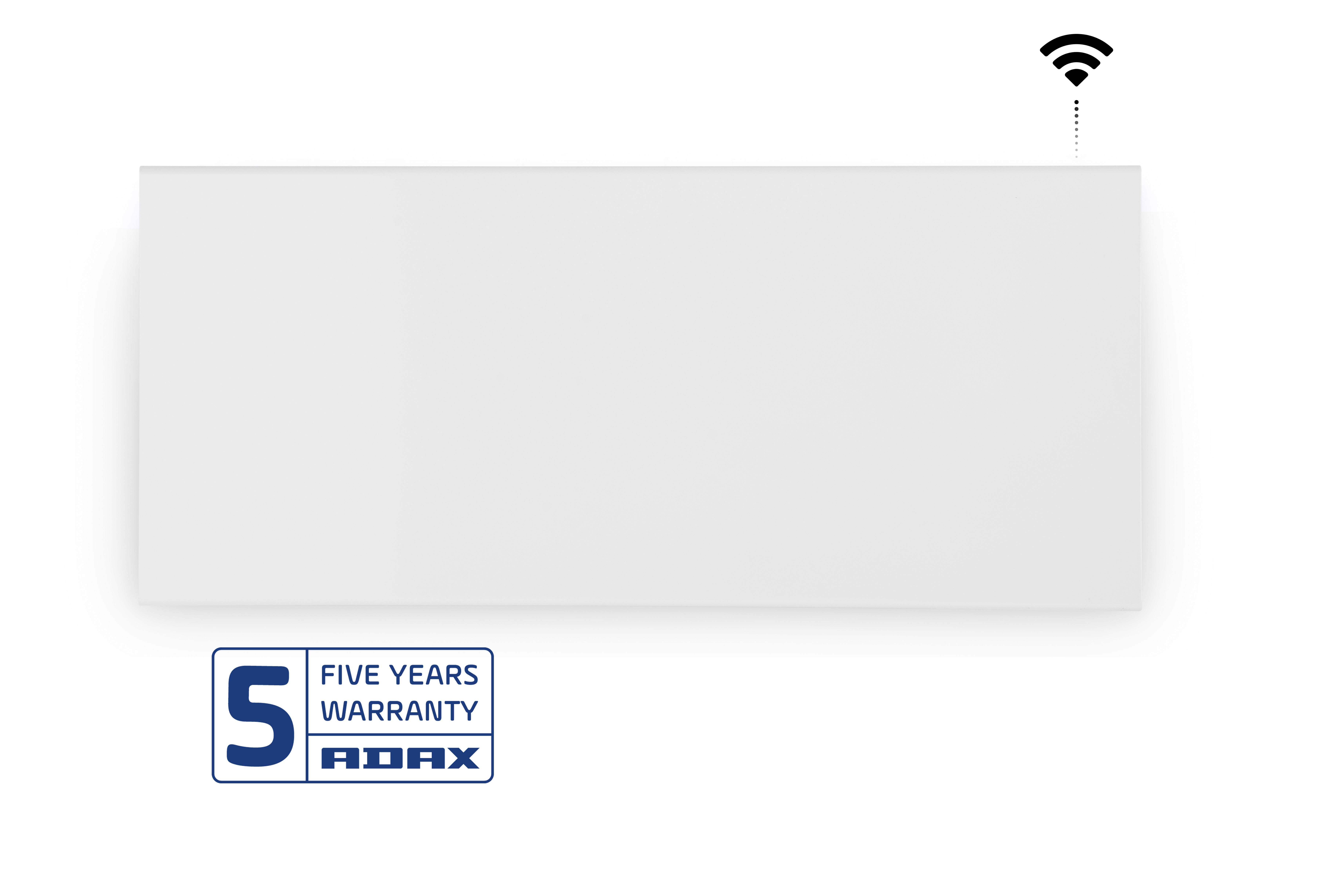 Rettangolo bianco con icona wifi e logo con 5 anni di garanzia ADAX.