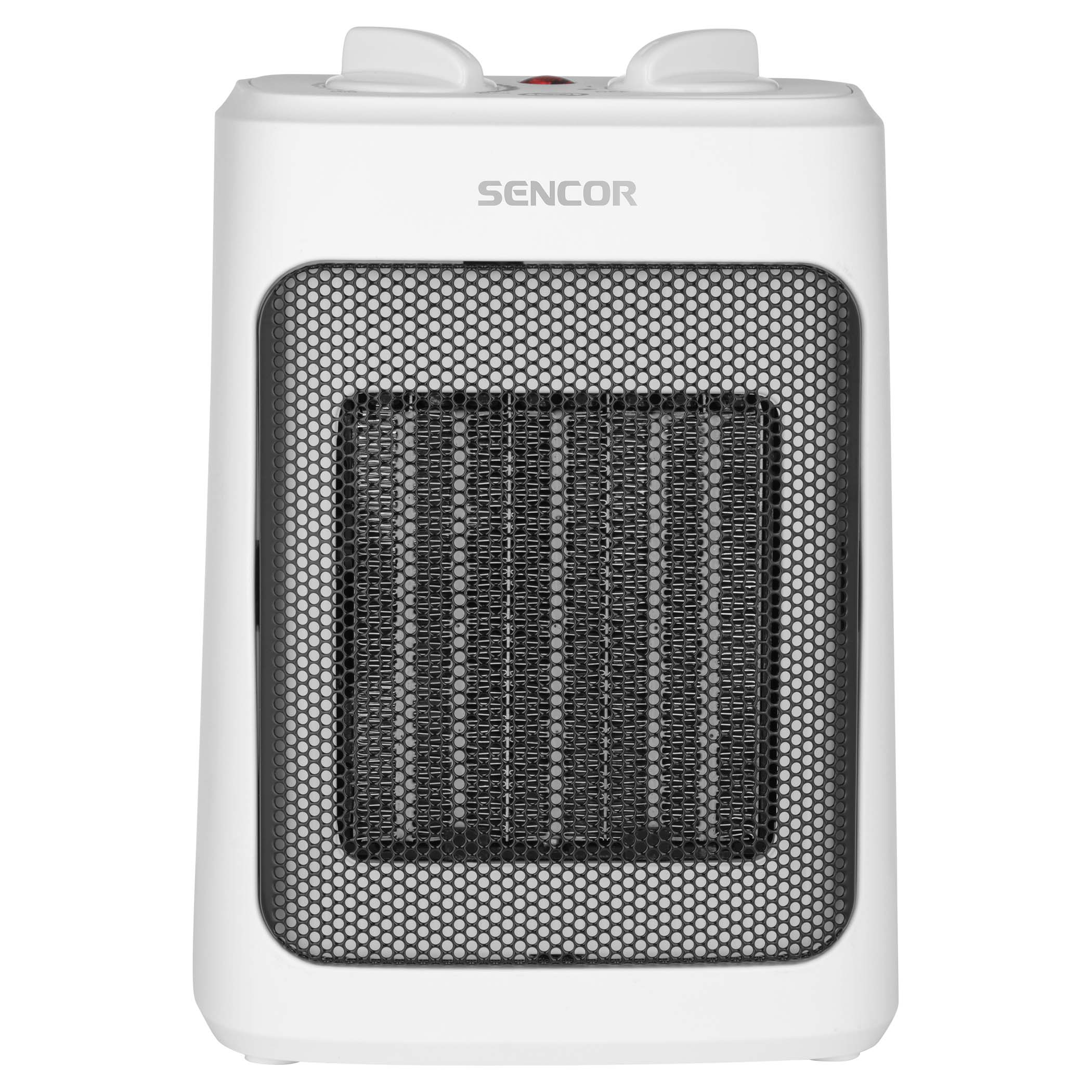 Un termoventilatore elettrico bianco con la parte anteriore a rete nera. Ha il marchio 'SENCOR'.